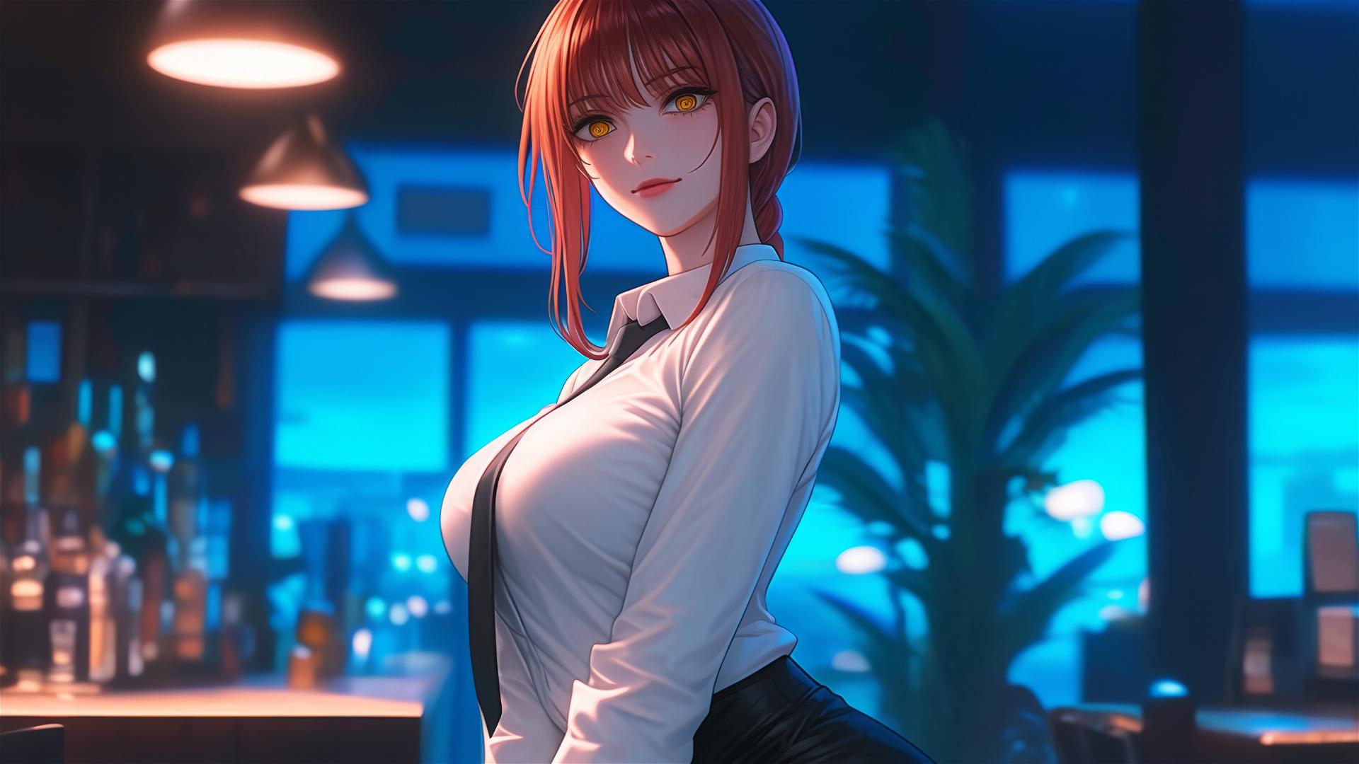 Makima, Chainsaw Man, at a bar with thigh focus and redish hair