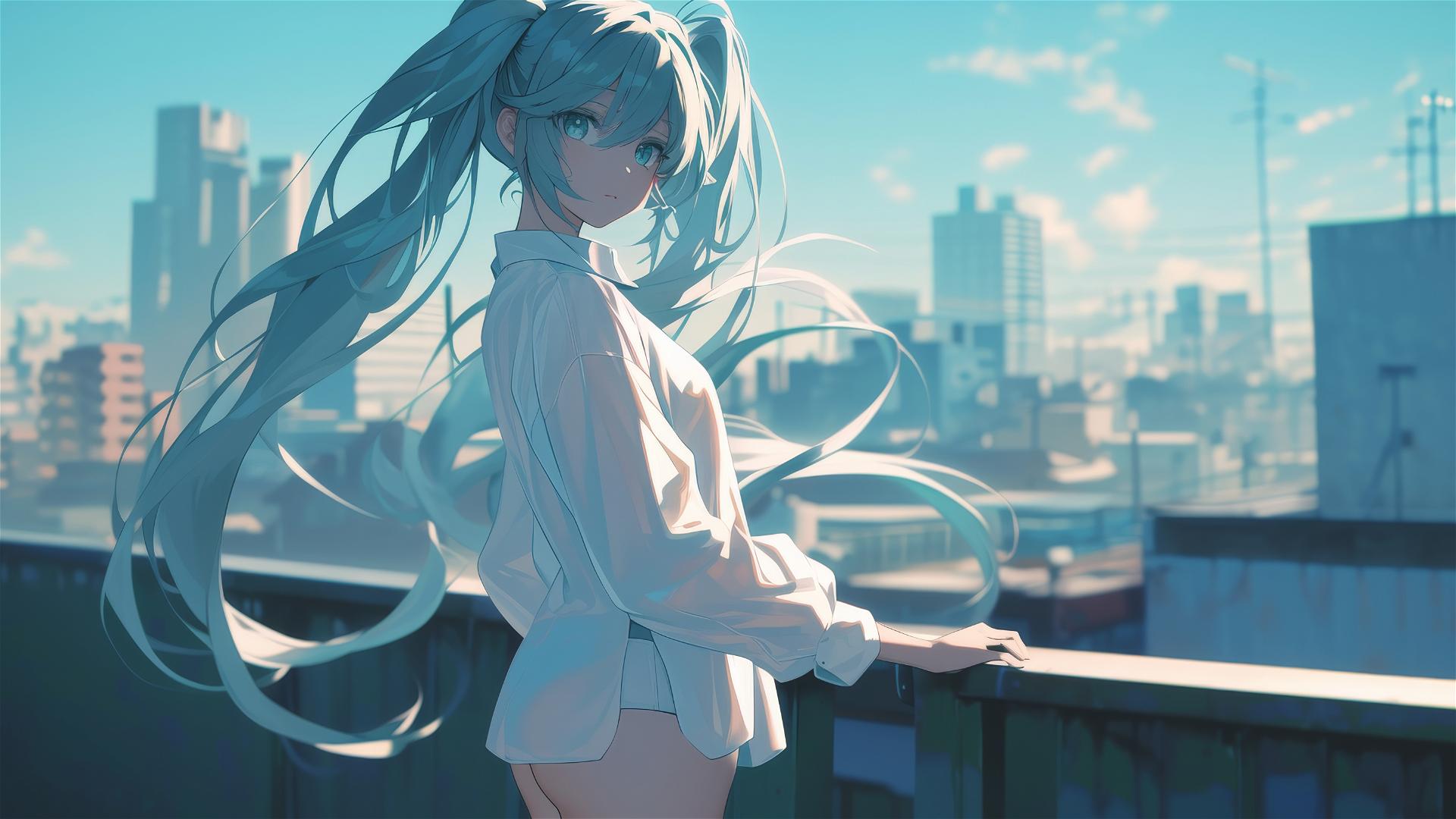 Hatsune Miku from Vocaloid in a white shirt walking towards the camera in sunlight with a blurred urban landscape in the background
