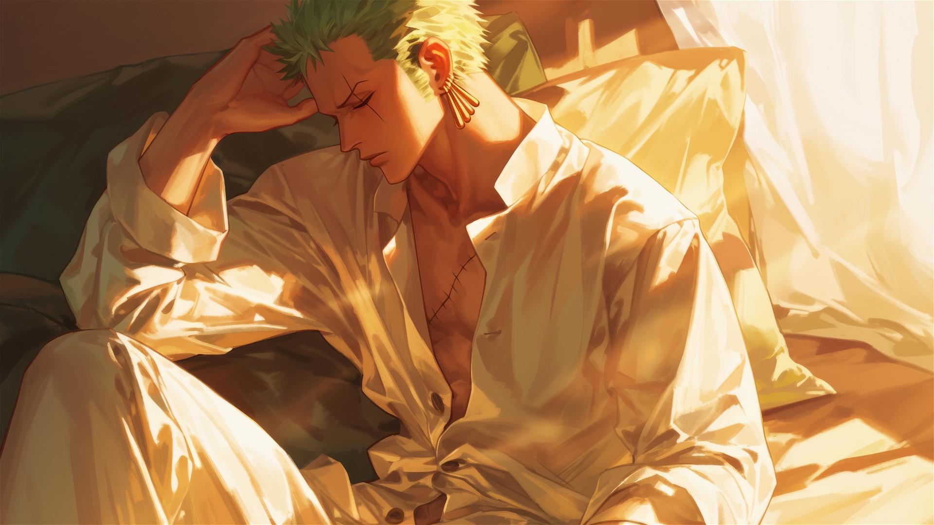 Roronoa Zoro from One Piece in white silk pajamas, sitting at apartment during sunrise