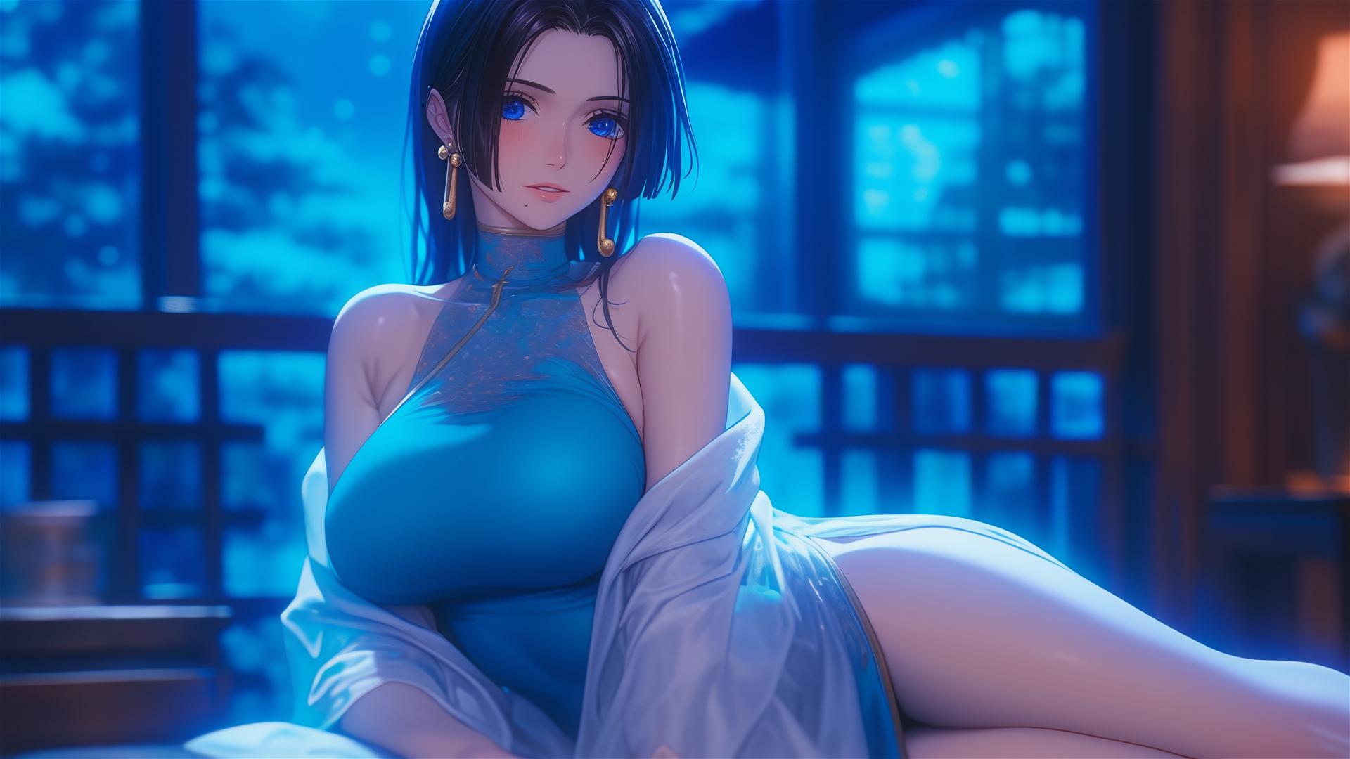 Boa Hancock from One Piece resting in an apartment under moonlight