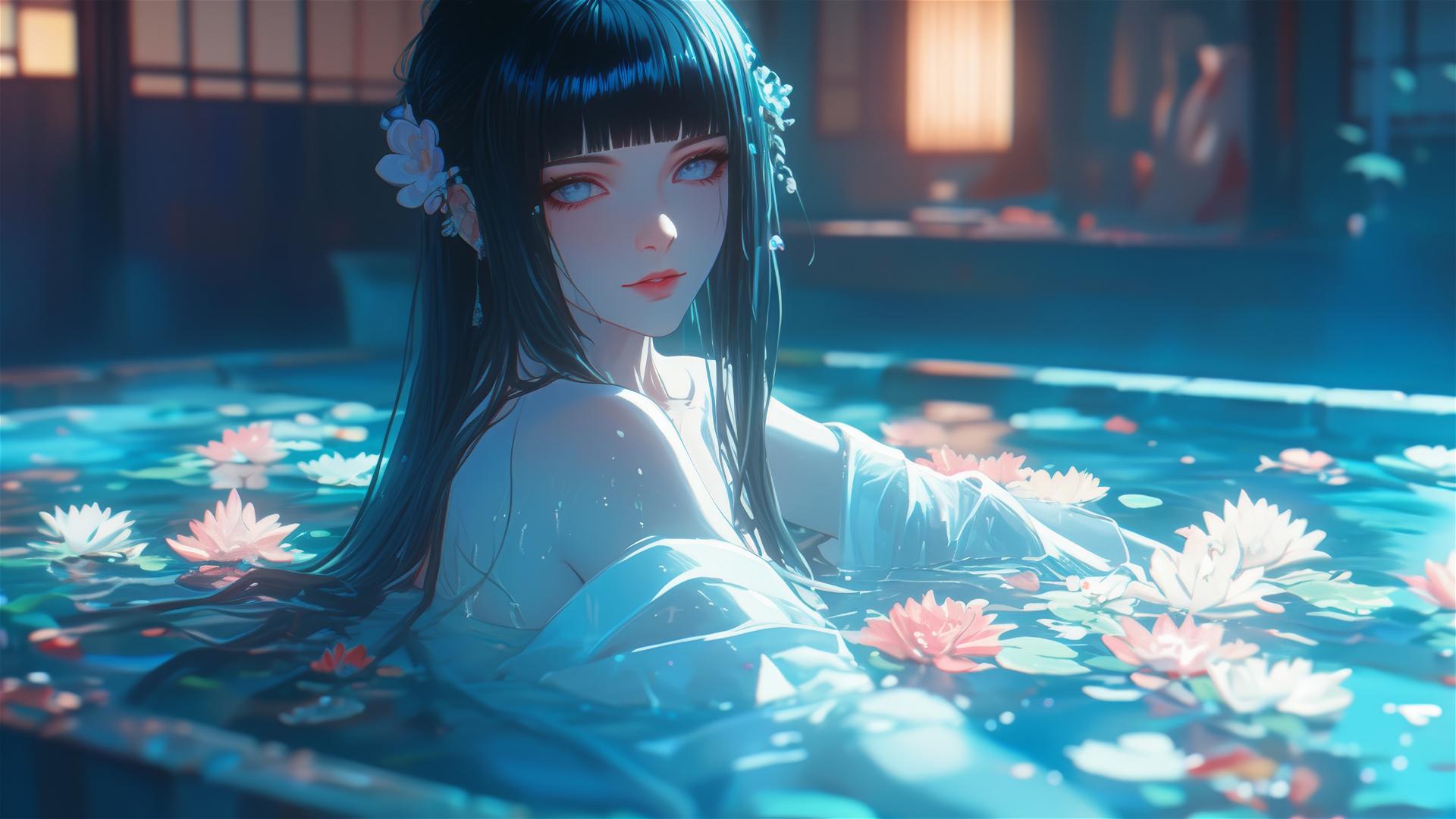 Hinata Hyuga from Naruto in a flower-filled tub inside a Chinese spa