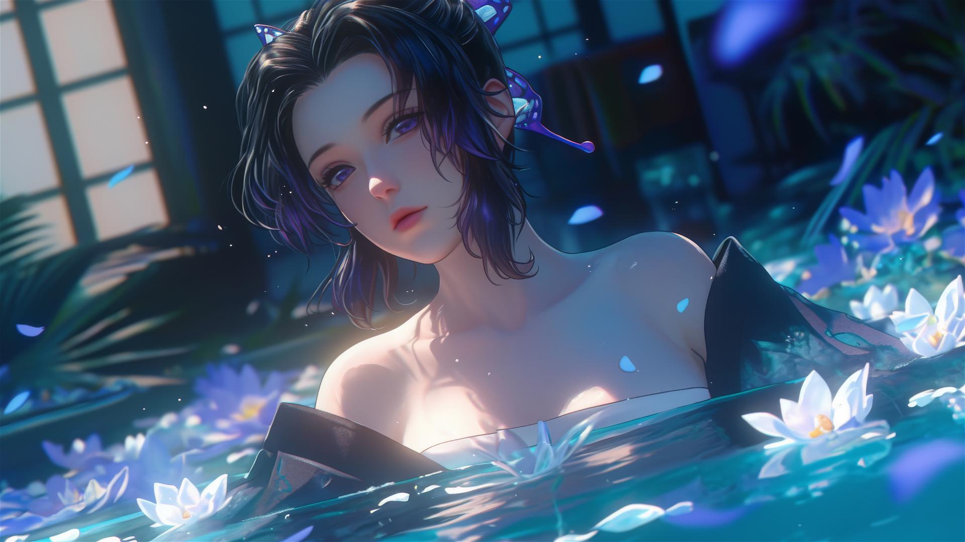 Shinobu Kocho in a tub filled with flowers at a Chinese spa
