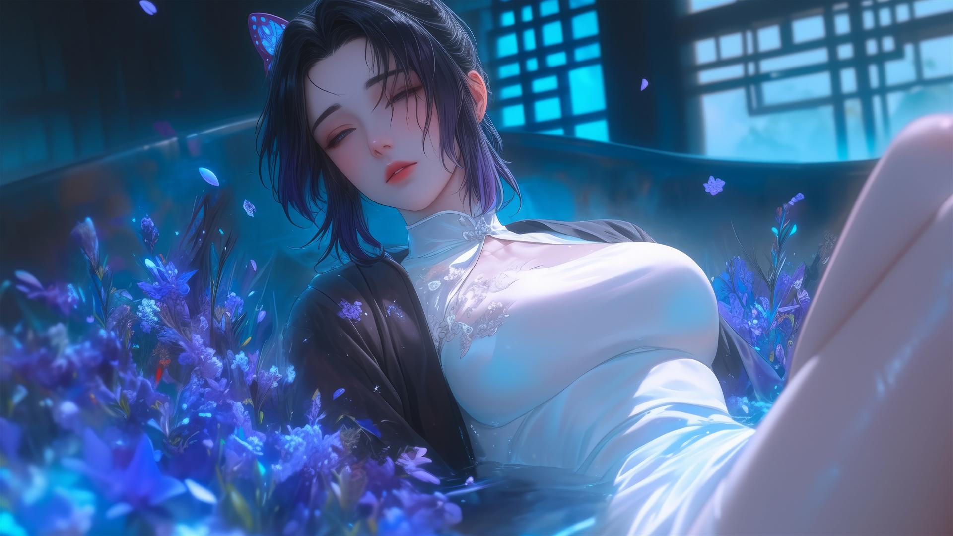 Shinobu Kocho in a white dress in a flower-filled tub at a Chinese spa