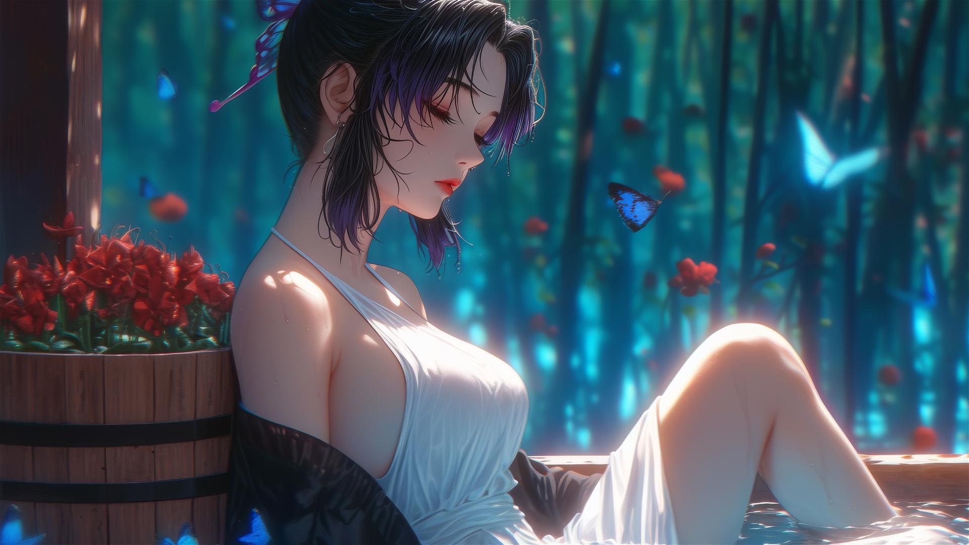 Shinobu Kocho in a white dress inside a flower-filled tub at a Chinese spa