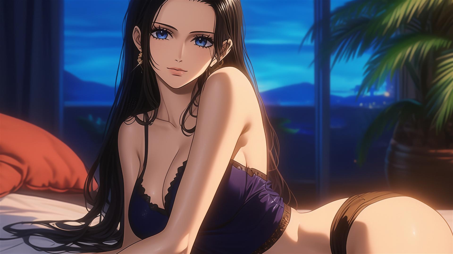 Nico Robin from One Piece resting in a modern hotel room, moonlight glow