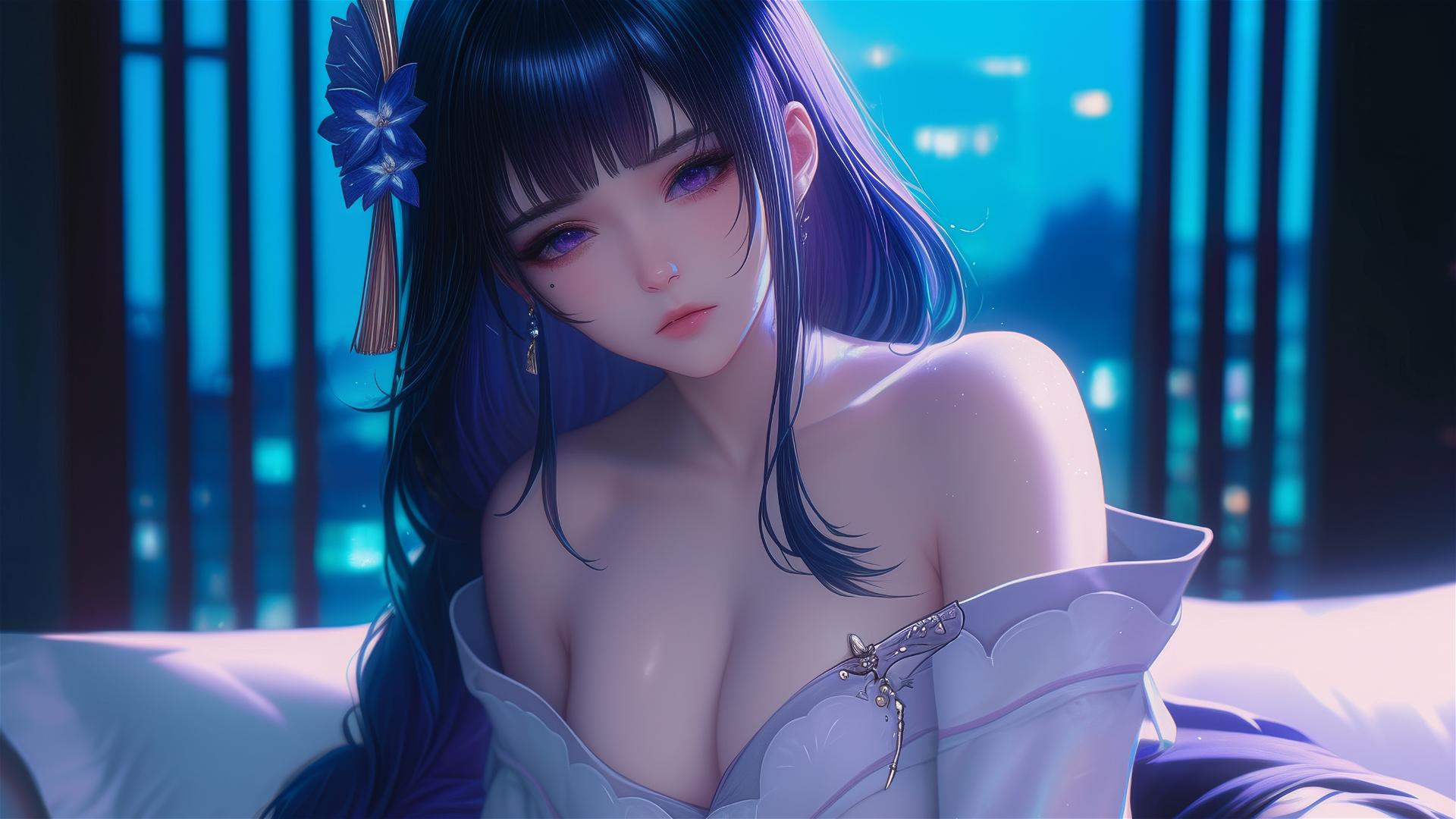Raiden Shogun from Genshin Impact rests in a modern hotel under moonlight.