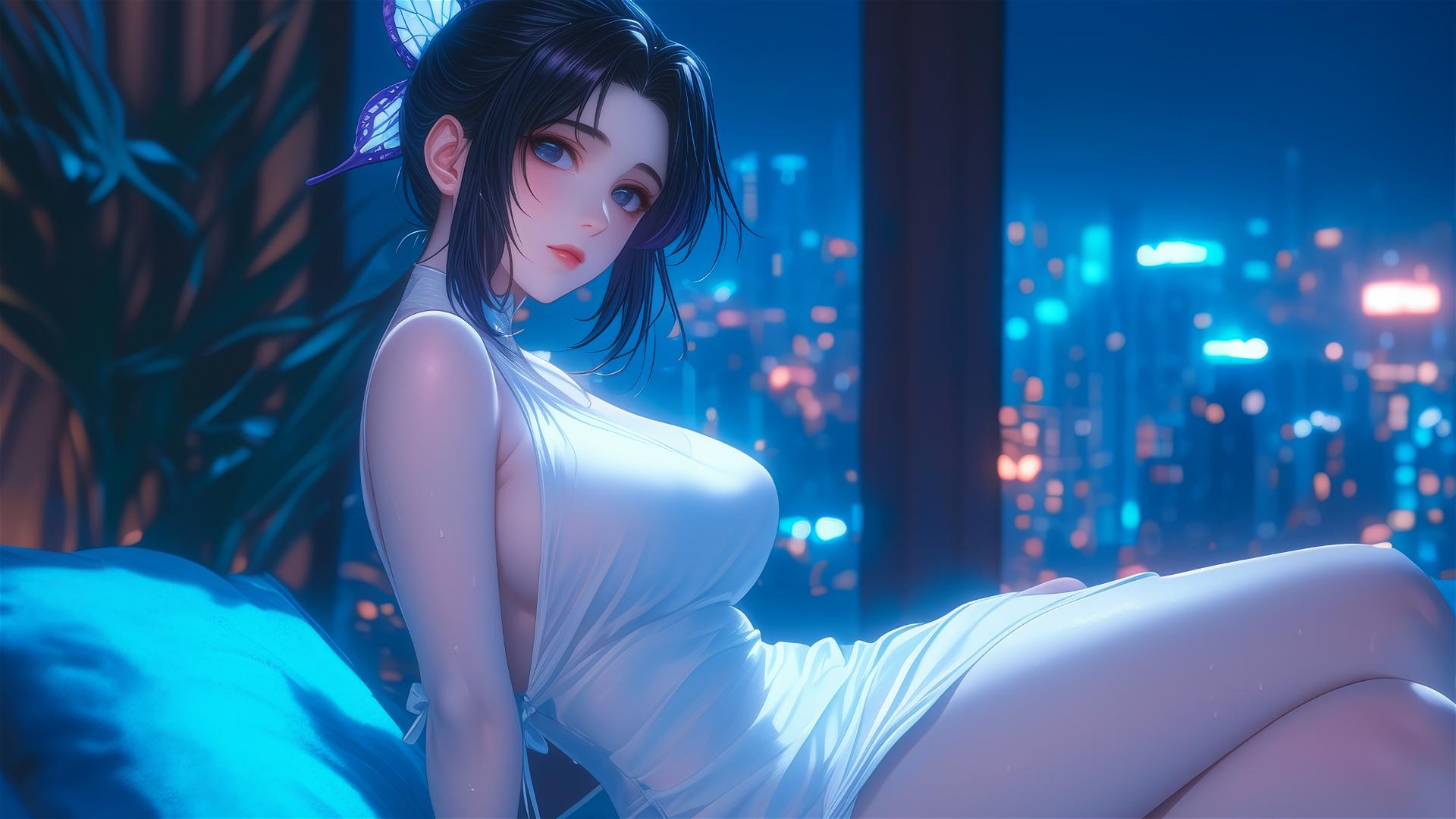 Shinobu Kocho resting in a modern hotel room with glowing neon lights and moonlight