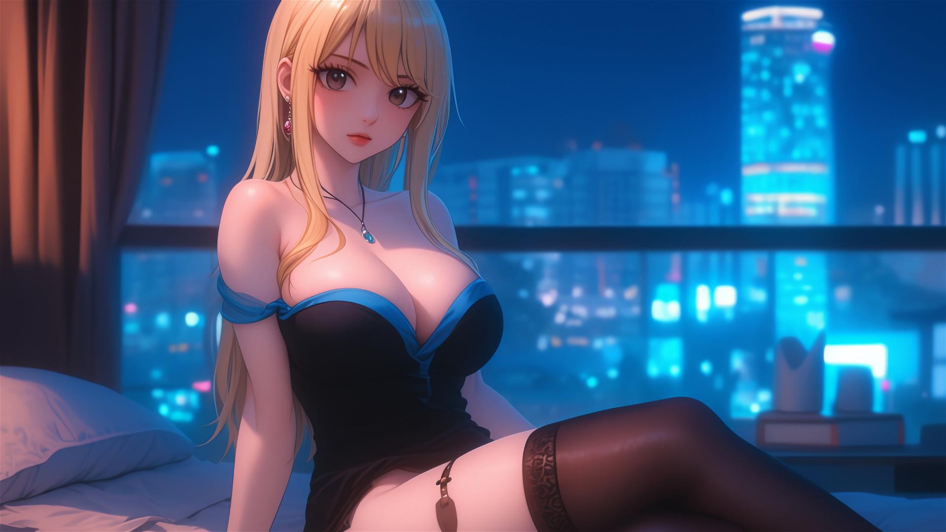 Lucy Heartfilia from Fairy Tail resting in a modern hotel room with moonlight glow