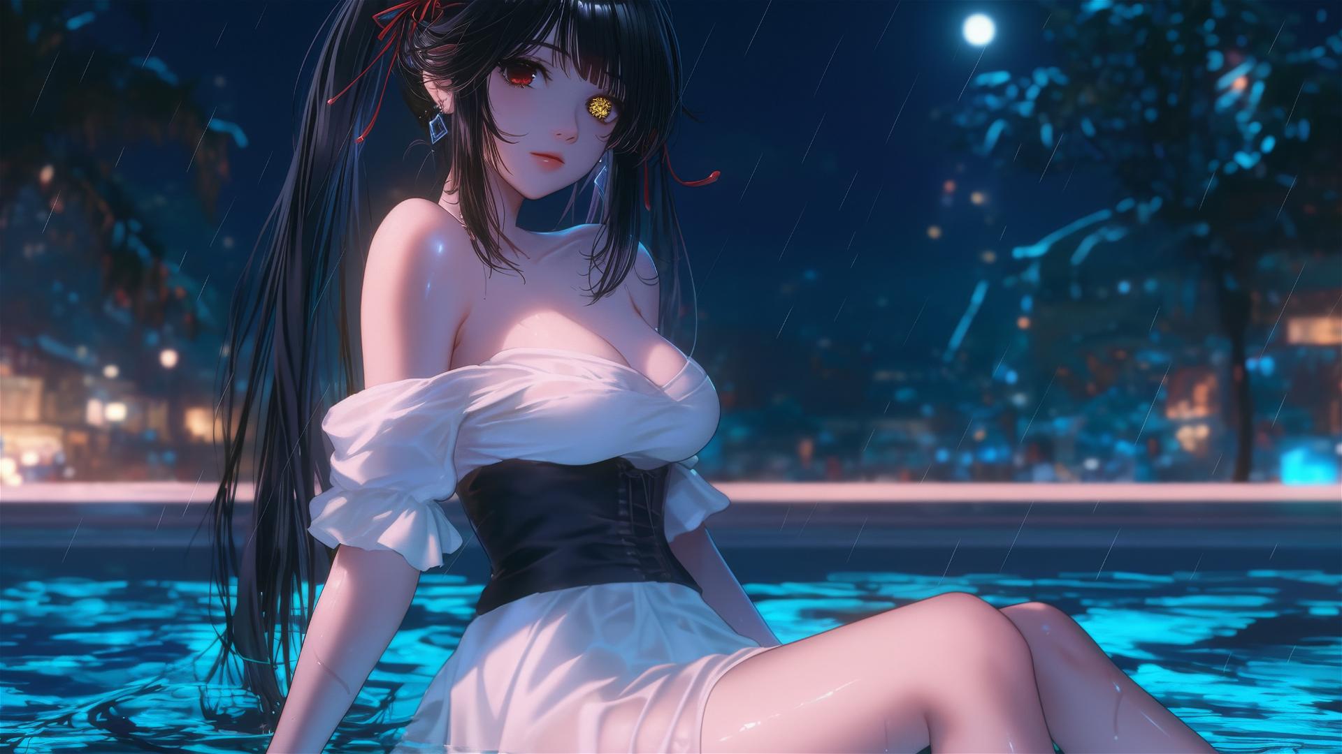 Kurumi Tokisaki resting in a tub, moonlight glow, rainy, two different colored eyes