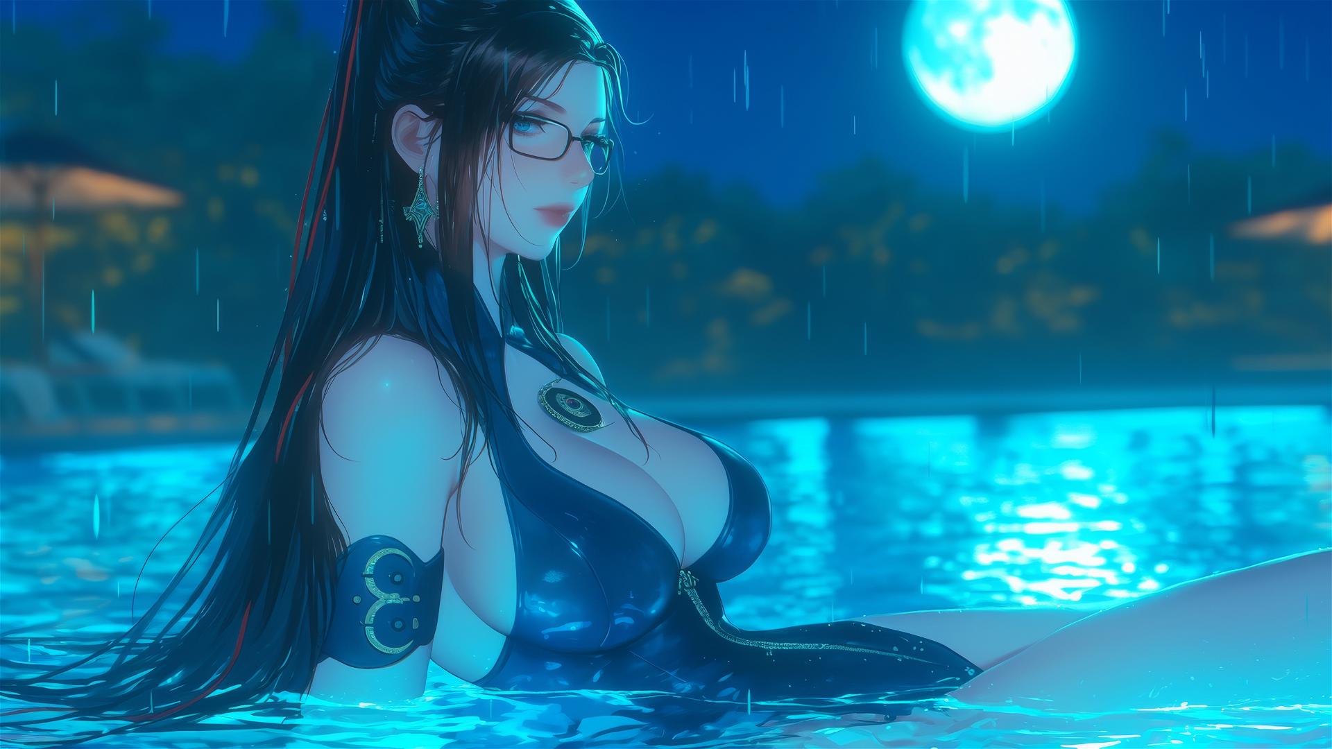 Bayonetta resting at a rainy swimming pool under moonlight