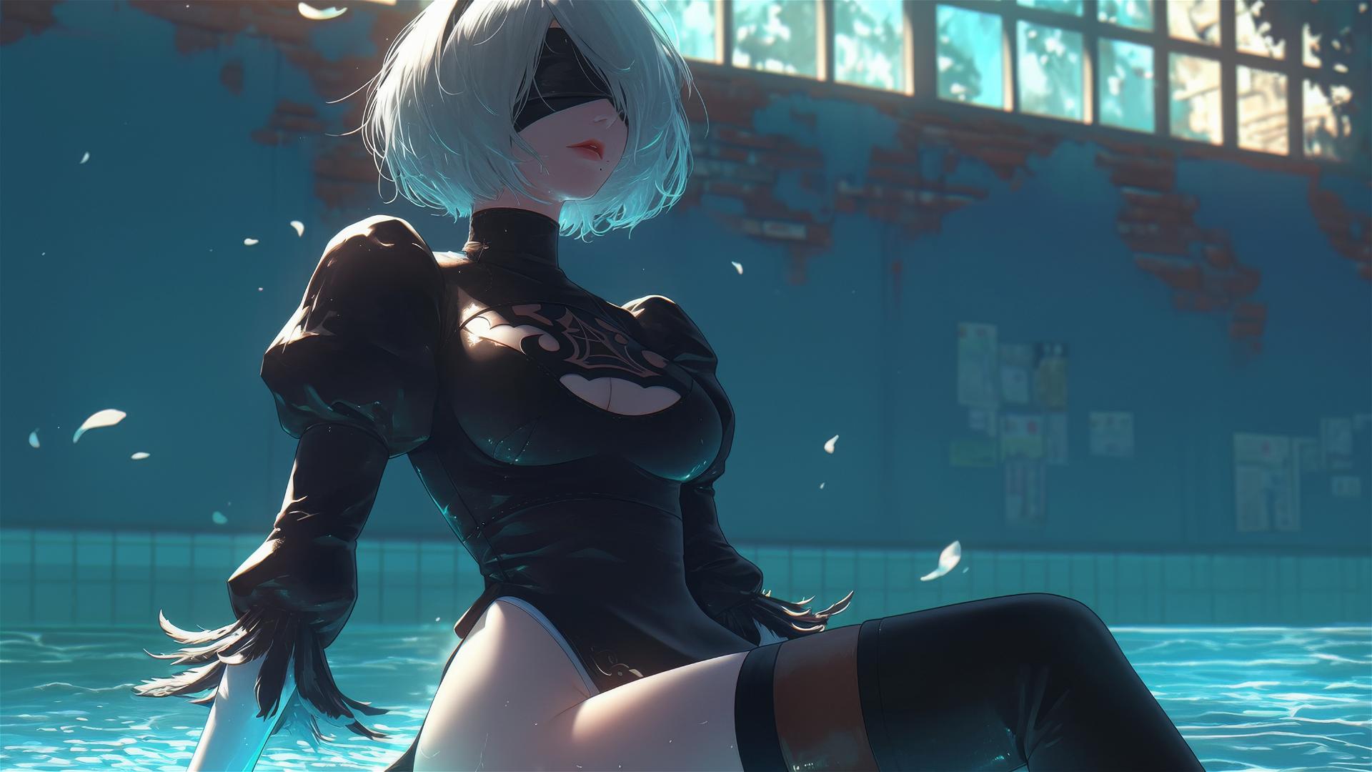 2B from Nier sitting by a rainy swimming pool under moonlight, with short hair.