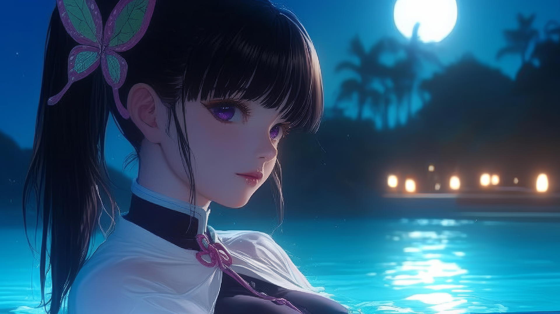 Kanao Tsuyuri resting by the swimming pool under moonlight, with butterfly hair ornament and dark lilac eyes.