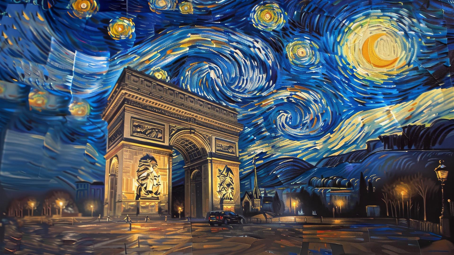 Arc de Triomphe with van Gogh's Starry Night sky at twilight