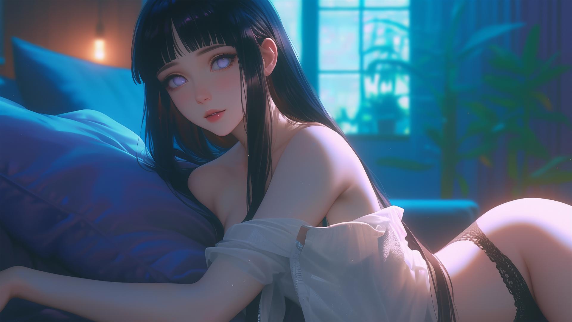 Hinata Hyuga from Naruto resting at a modern hotel with warm light