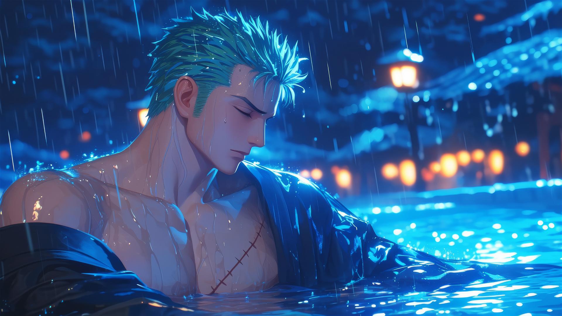 Roronoa Zoro resting at a rainy pool under moonlight
