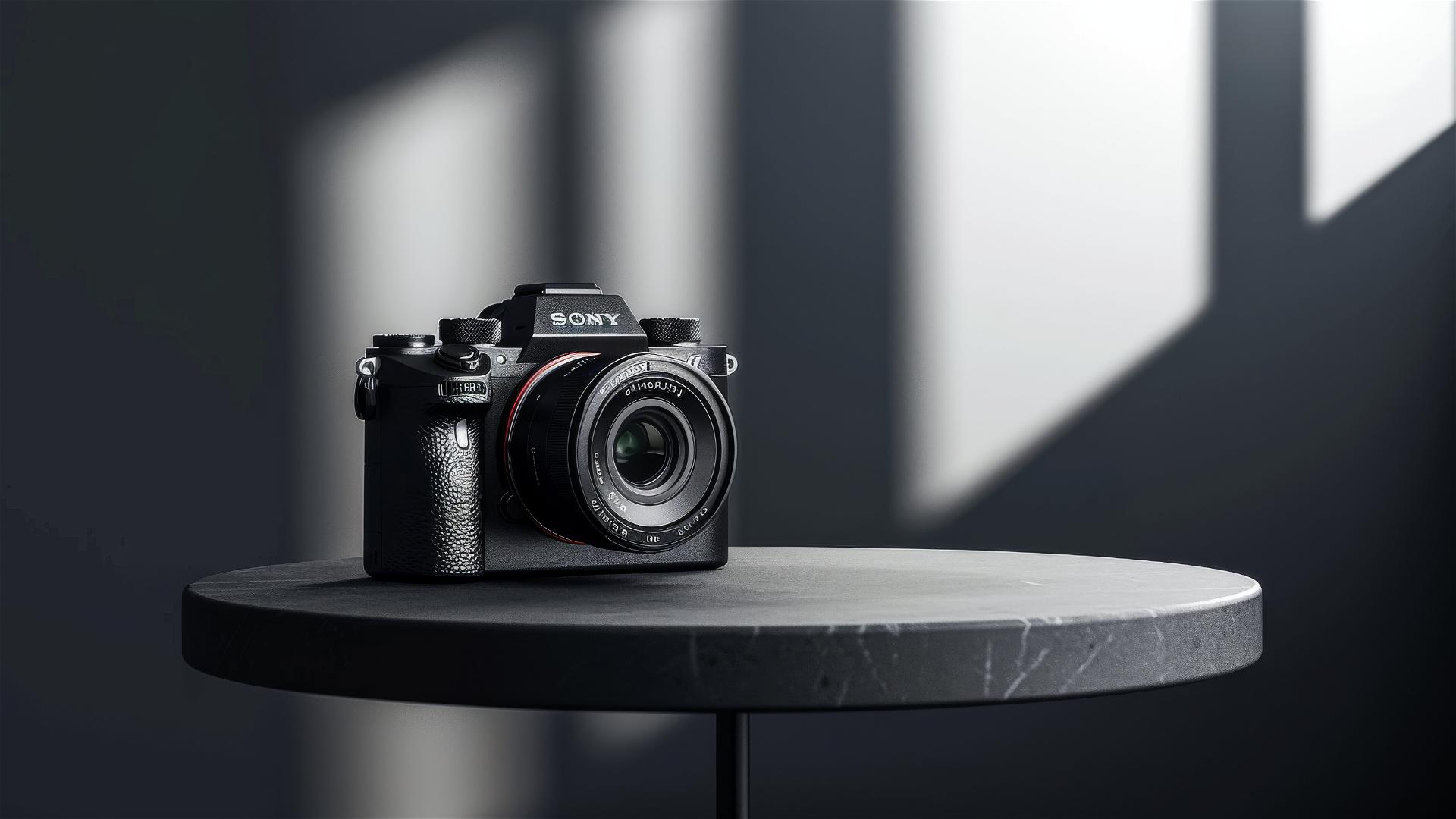 Sony Alpha camera on a minimalist round table under studio lighting