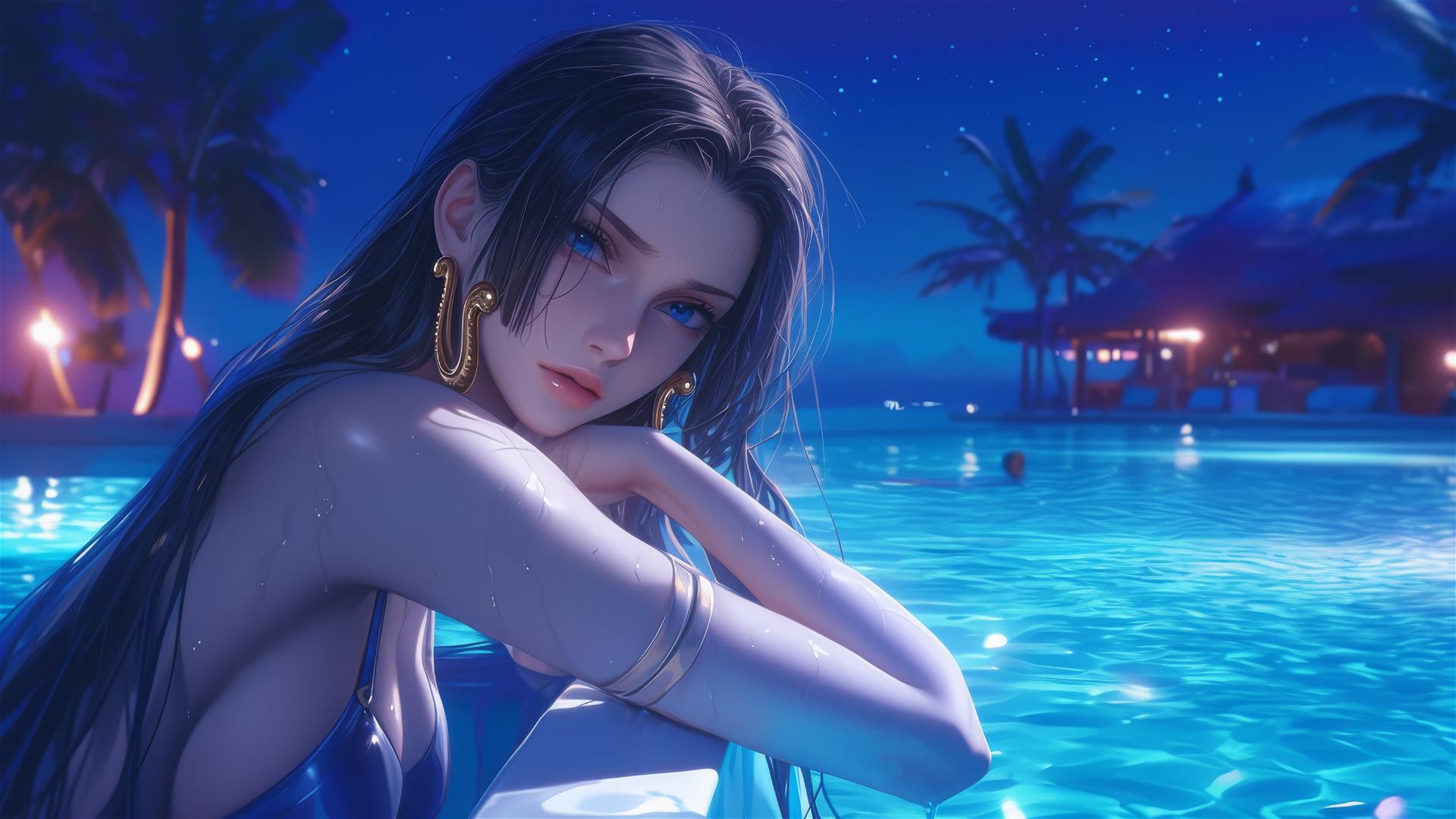 Boa Hancock from One Piece, leisurely resting by the swimming pool, the moon light casting a soft glow on her figure