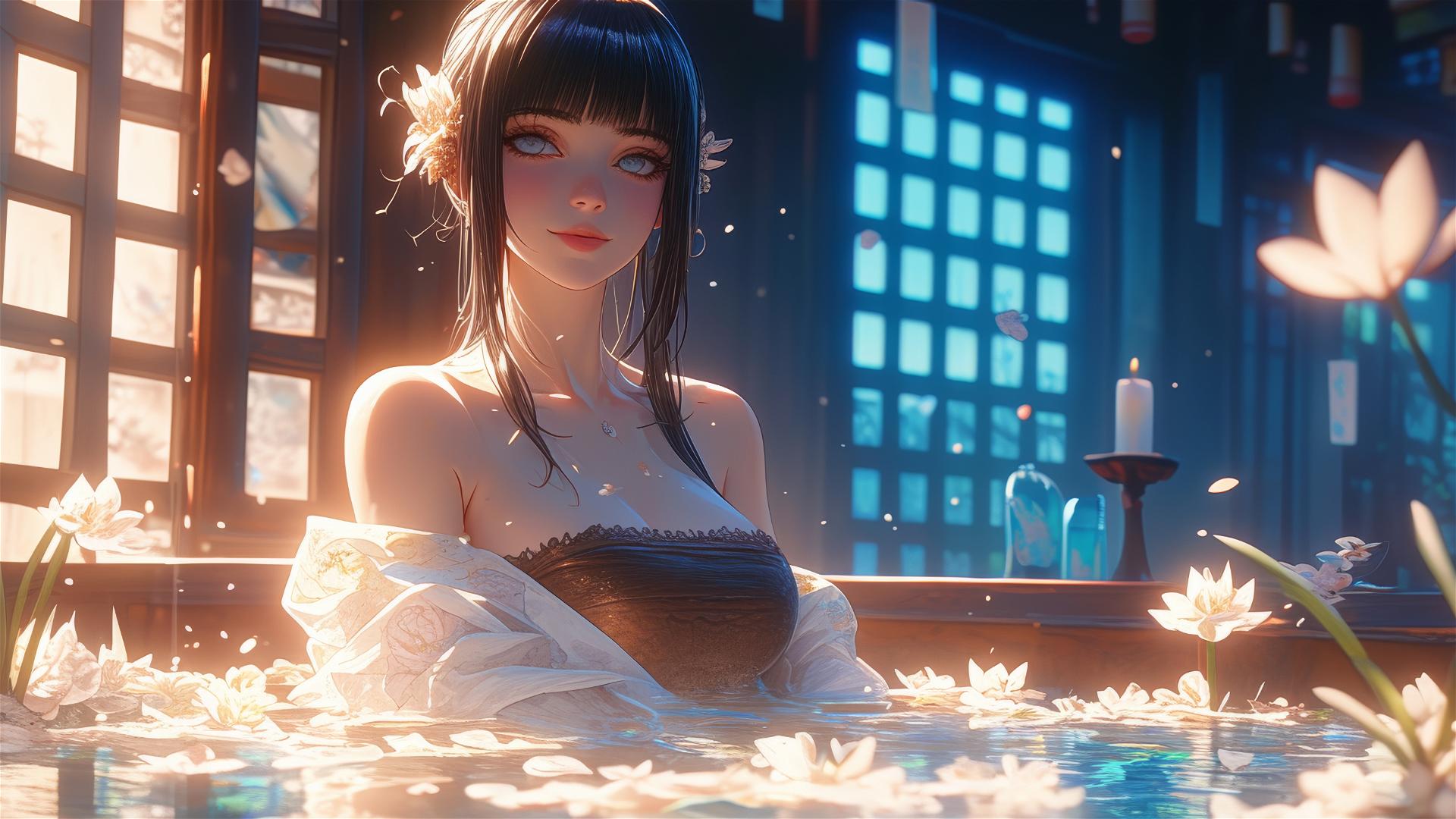 Hinata Hyuga from Naruto in flower-filled tub at Chinese spa