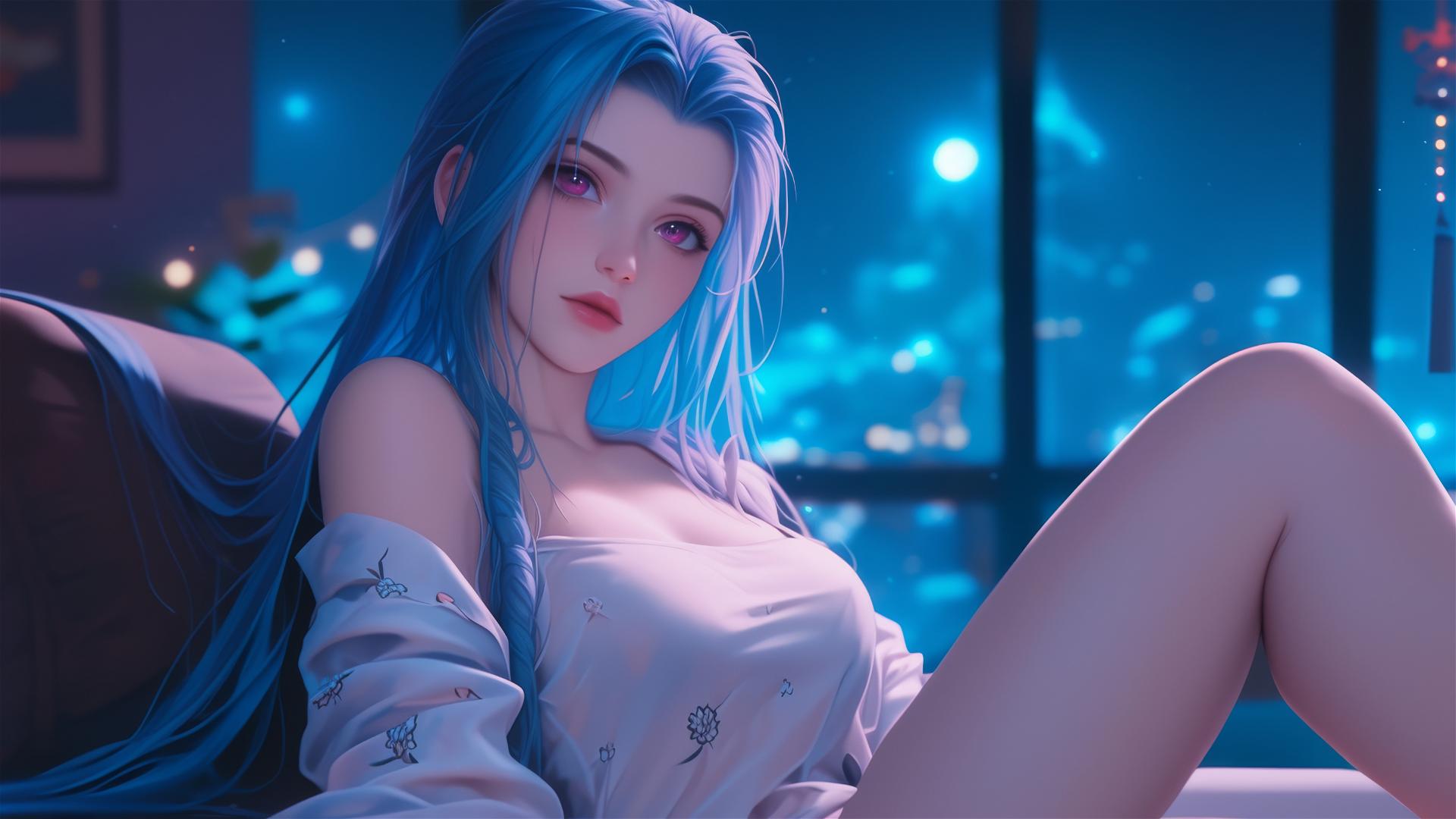 Jinx from League of Legends sitting in an apartment, moonlight glow, pink eyes, blue hair, silk pajamas