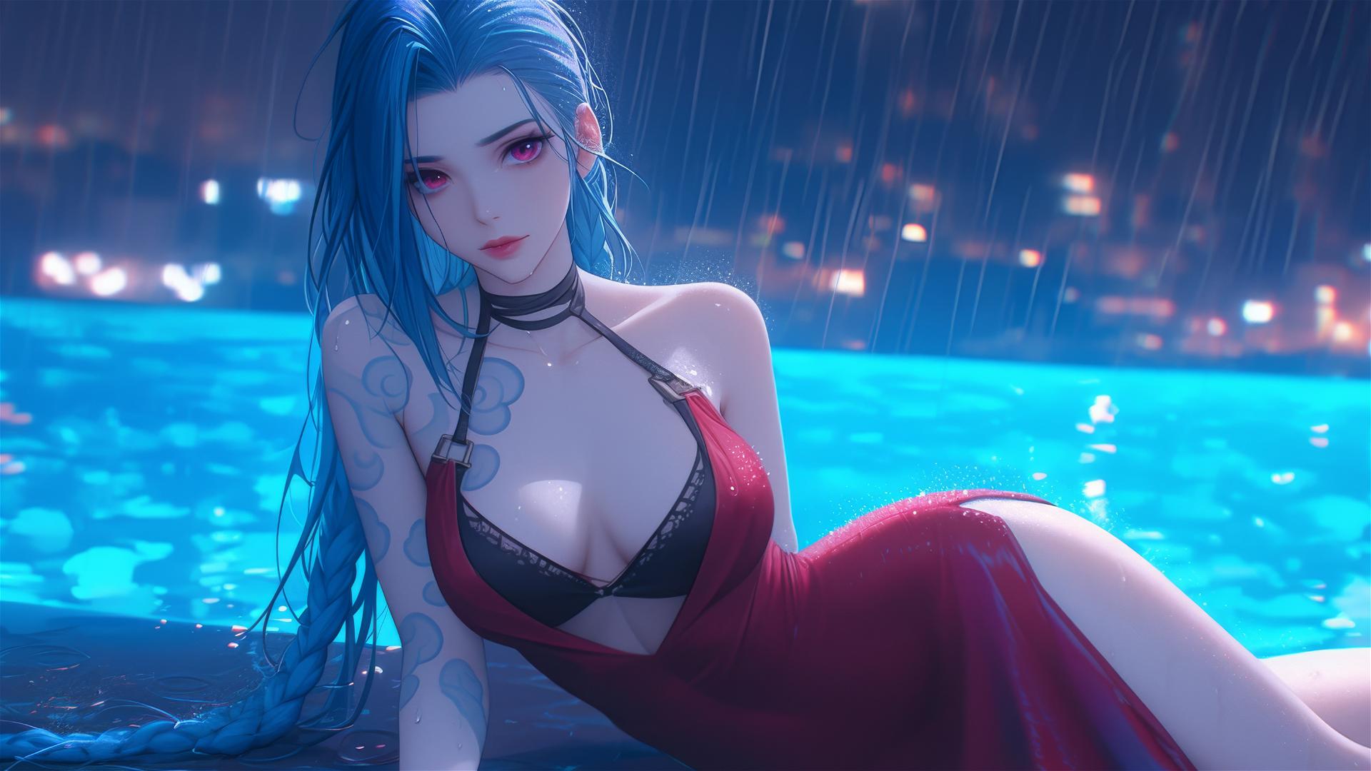 Jinx from League of Legends resting at rainy pool with moonlight, pink eyes, red dress, blue hair