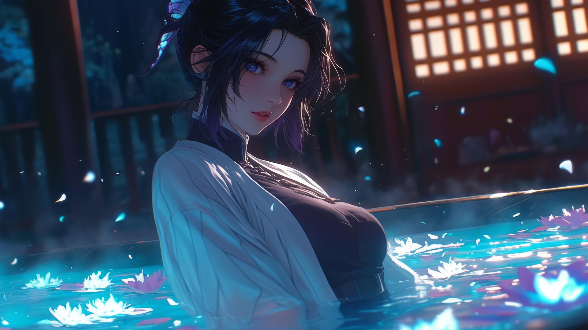 Shinobu Kocho in cheongsam inside a flower-filled tub at a Chinese spa