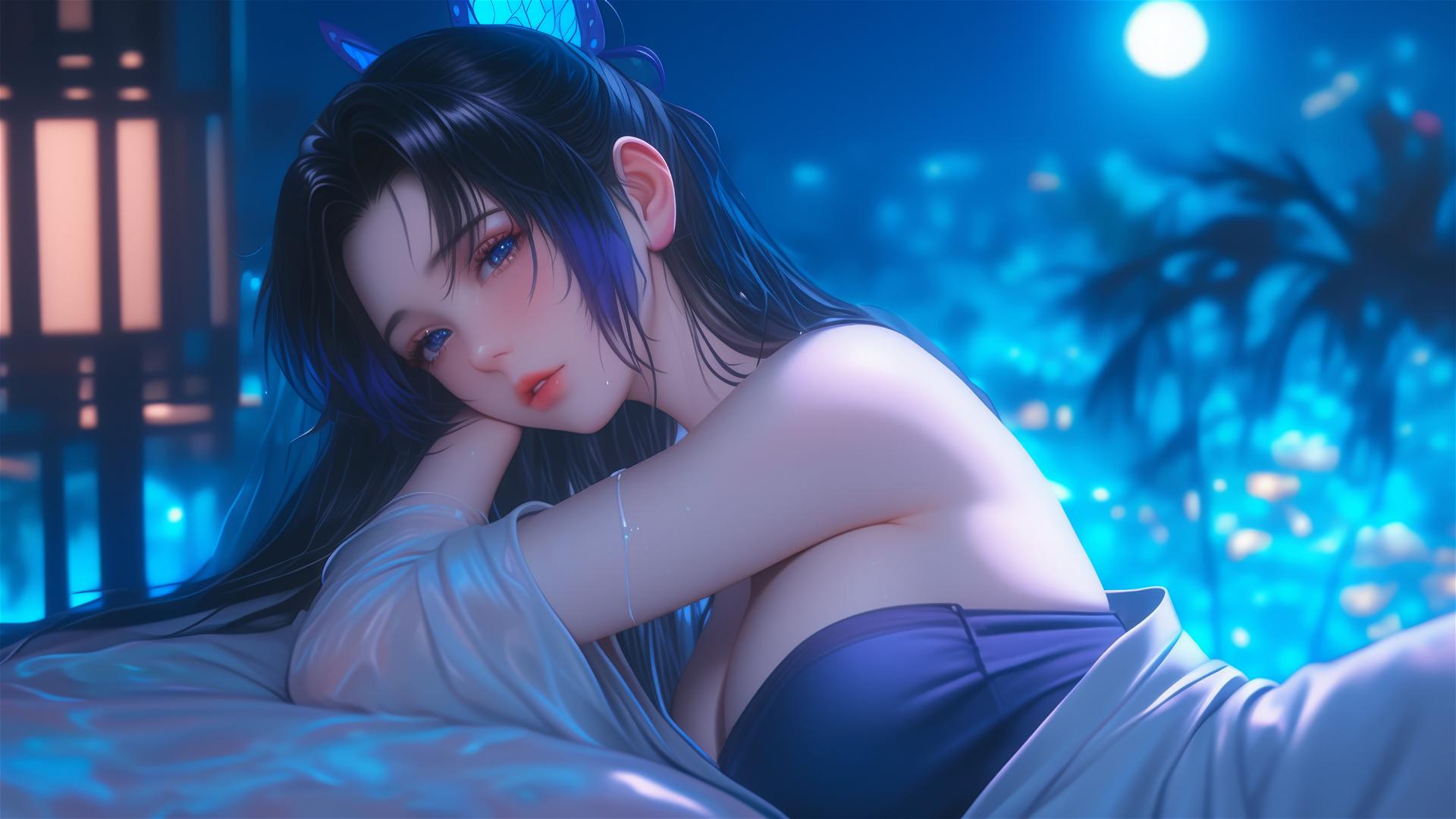 Shinobu Kocho resting in a modern hotel room with moonlight glow