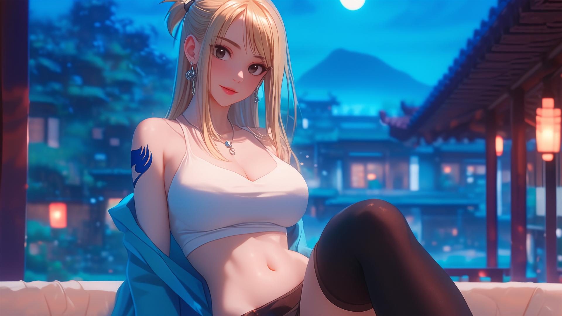 Lucy Heartfilia from Fairy Tail resting in modern hotel room with moonlight.