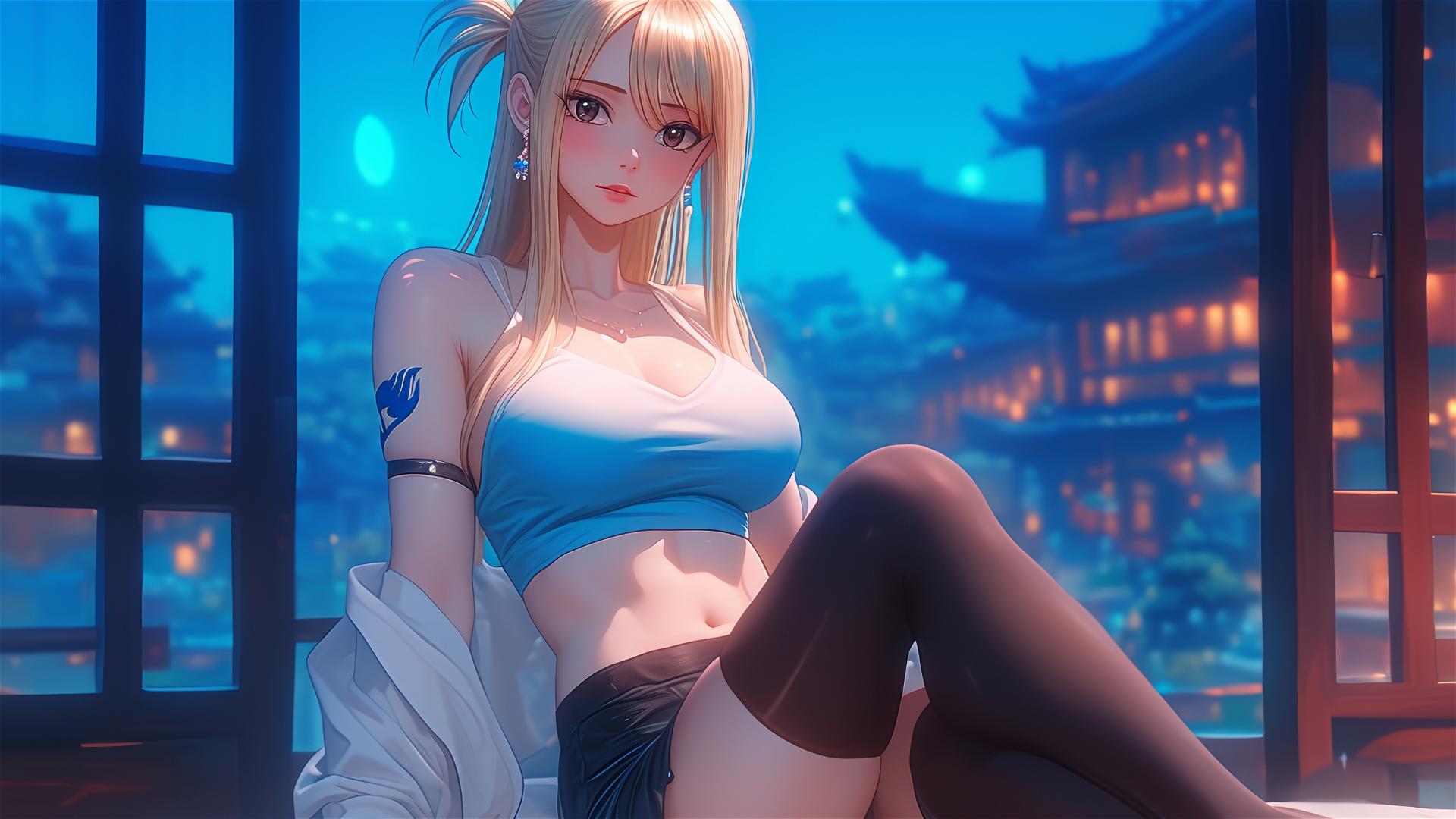 Lucy Heartfilia from Fairy Tail resting in a modern hotel room with moonlight glow.