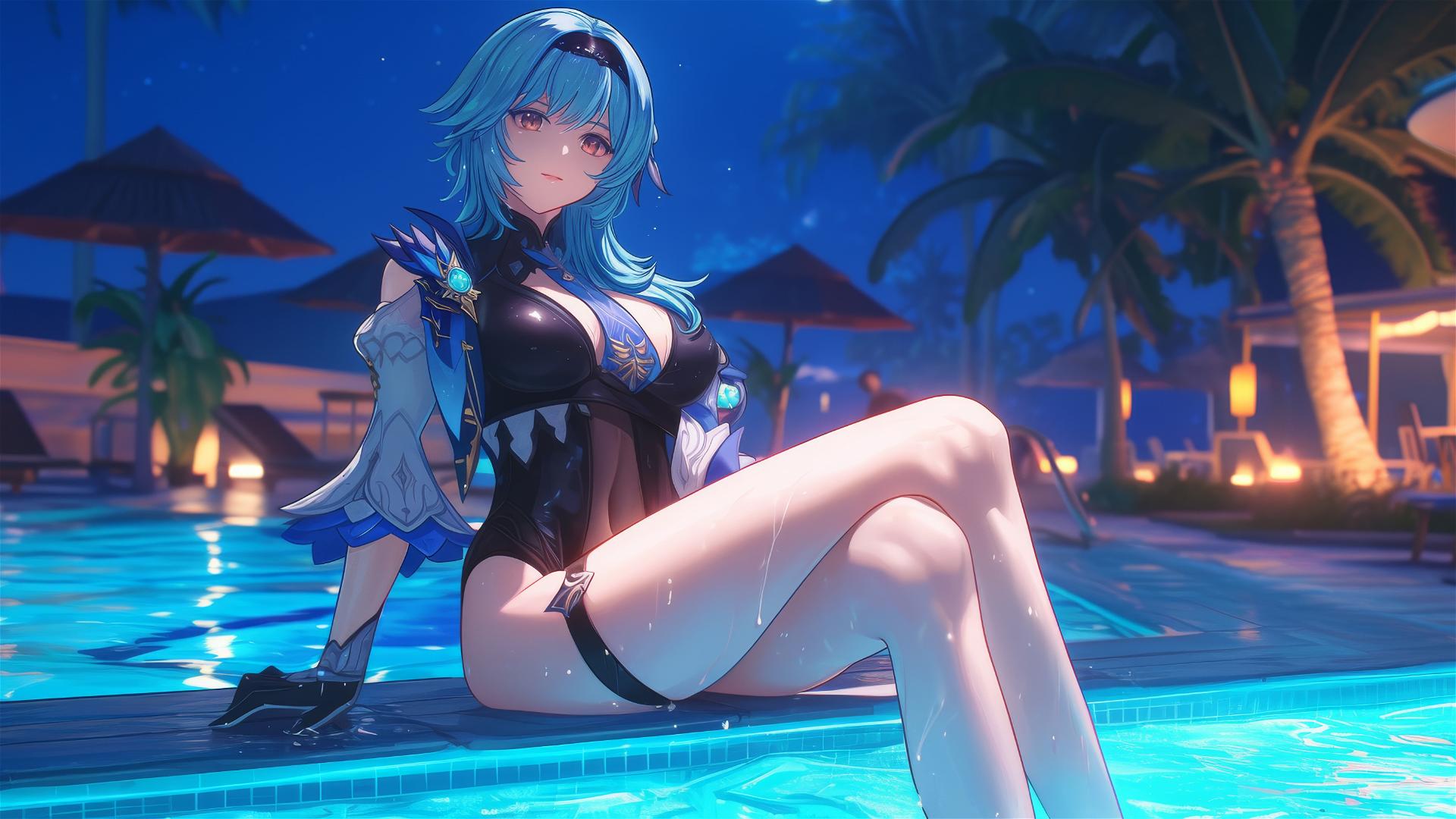 Eula Lawrence from Genshin Impact resting at a swimming pool, moonlight glow.