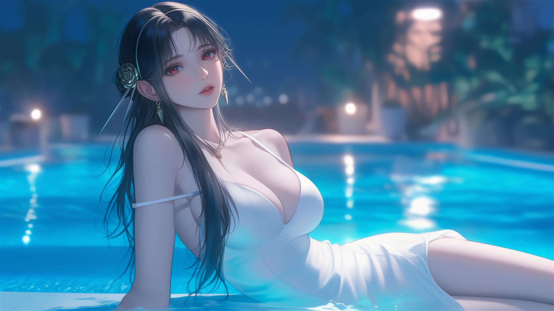 Yor Forger in bunny girl style white dress by the pool under moonlight
