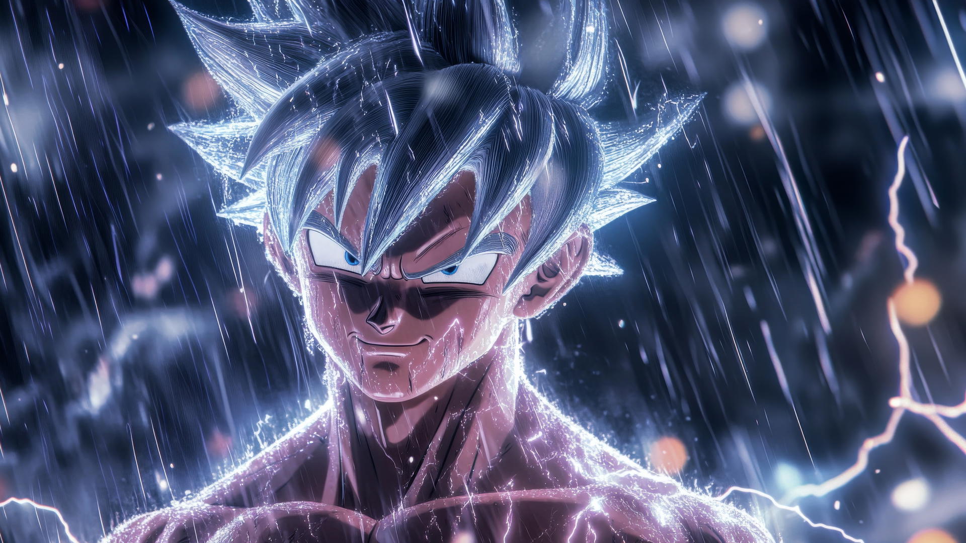 Goku Ultra Instinct wallpaper 4K: silver-haired Goku deflects raindrops and lightning in a storm.