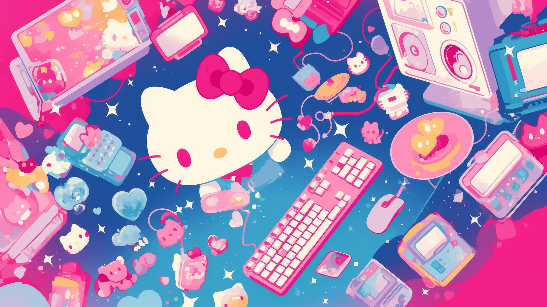 Y2K Hello Kitty wallpaper aesthetic with retro computer interface and pixelated icons