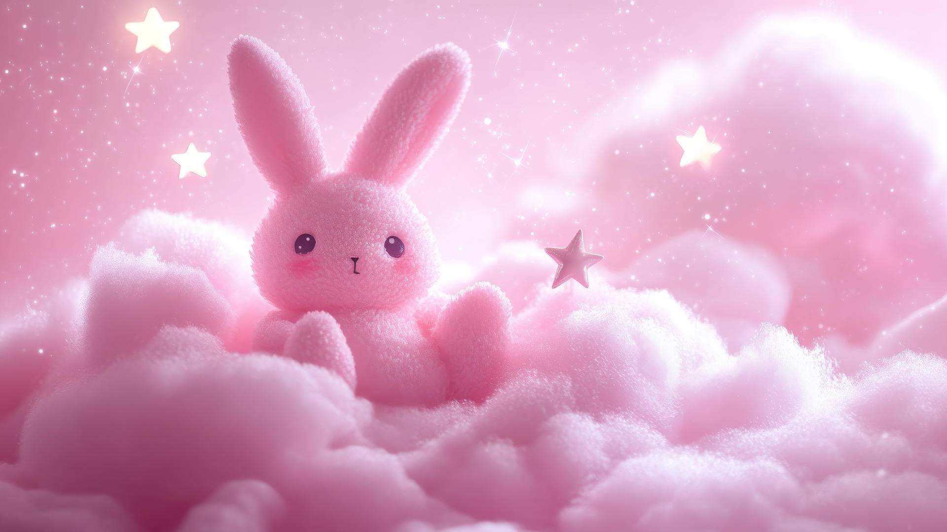 Cute pink wallpaper with a kawaii bunny holding a tiny star on a fluffy cloud with sparkles