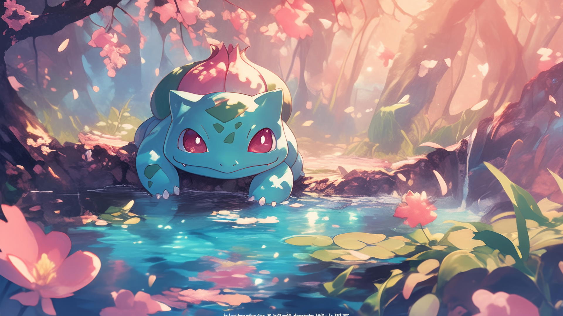 watercolor painting of Pokemon Bulbasaur by a stream with cherry blossoms