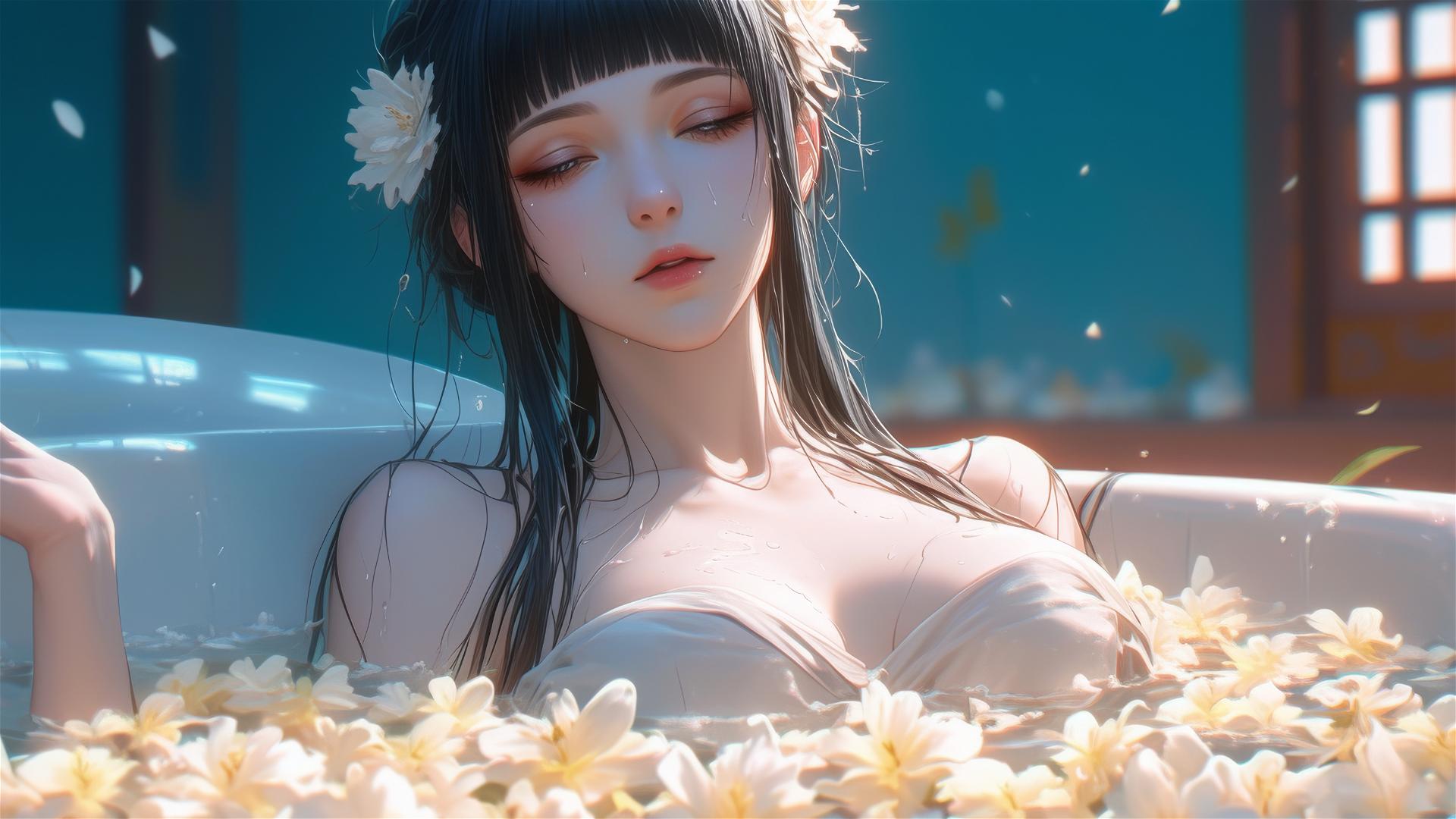 Hinata Hyuga from Naruto in a tub full of flowers at a Chinese spa with white eyes.