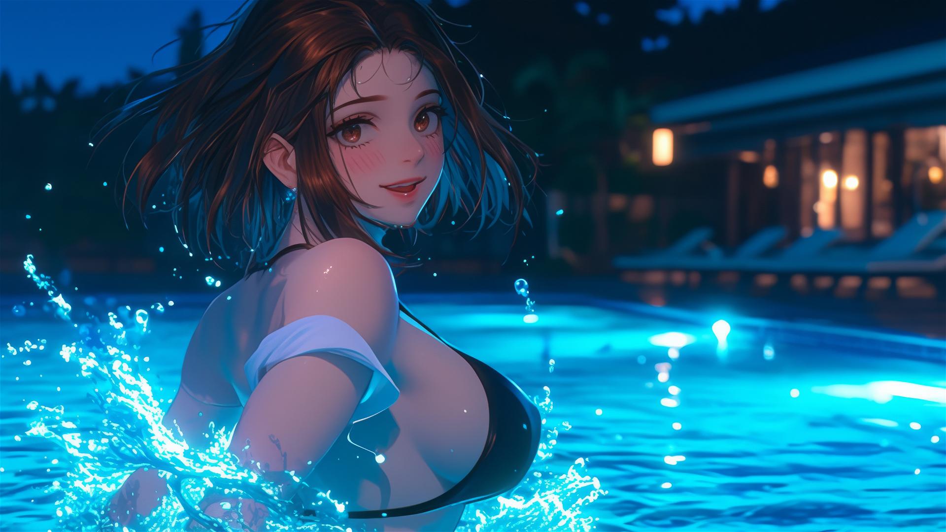 Ochaco Uraraka jumping out of a swimming pool under moonlight, with auburn hair and eyes, pink blush marks, and bobbed hairstyle with long strands framing her face.