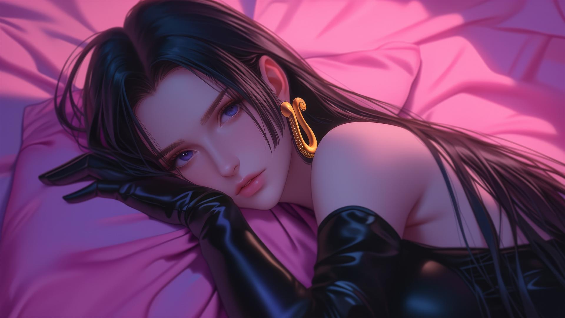 High angle anime art of Boa Hancock in bed with neon and high contrast.