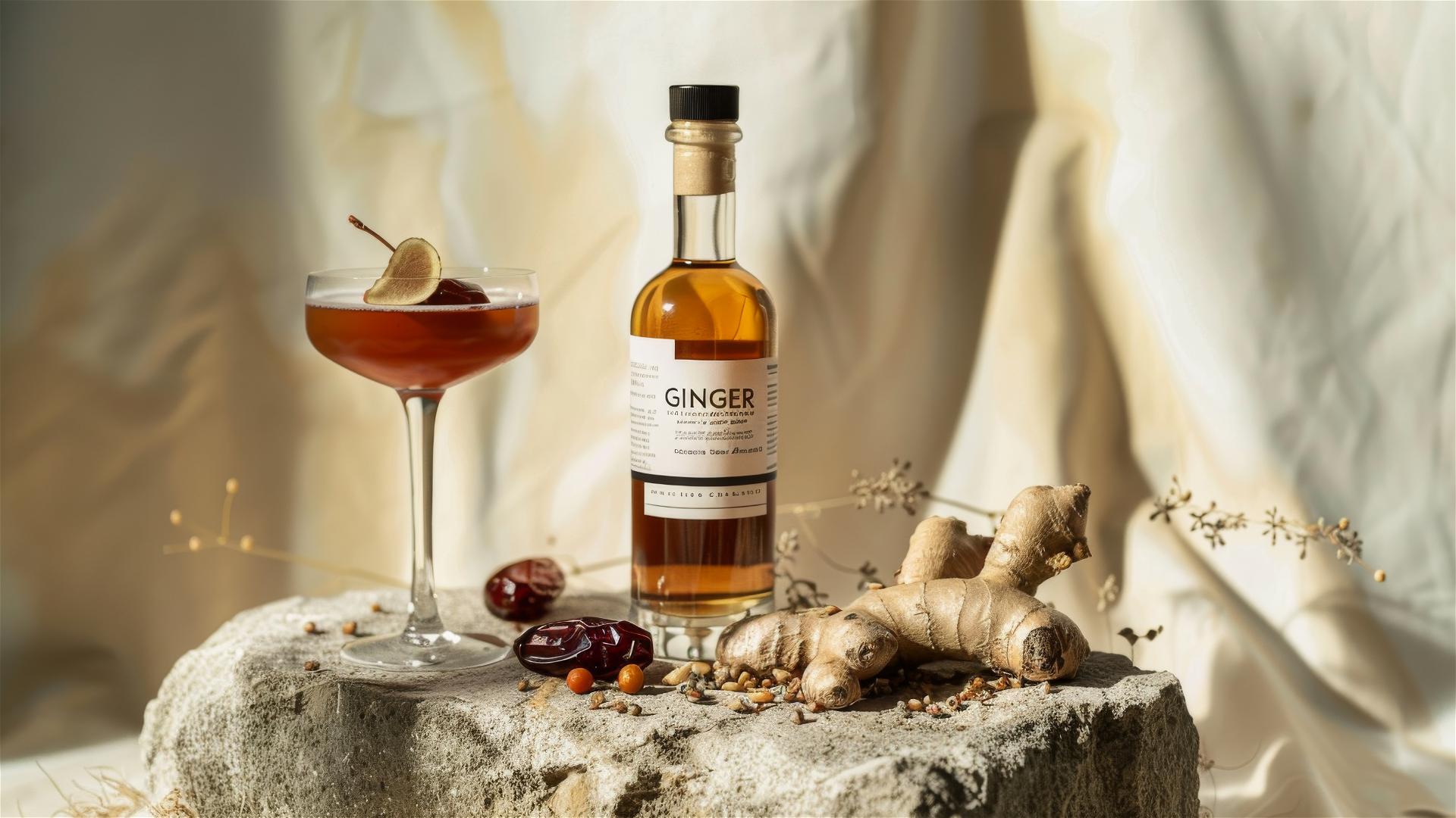 Brandy bottle labeled GINGER and cocktail on a rock with dried red dates and ginger
