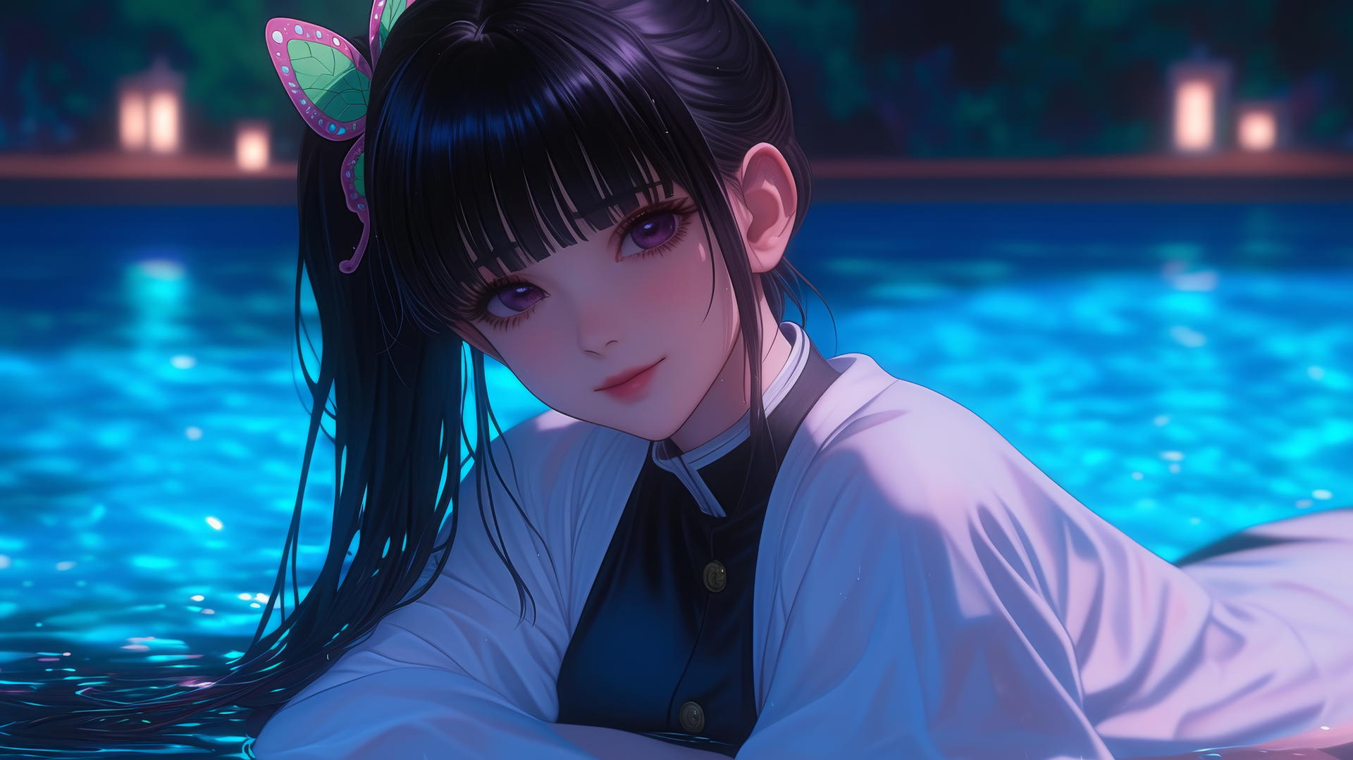 Kanao Tsuyuri from Demon Slayer resting by a swimming pool under moonlight.