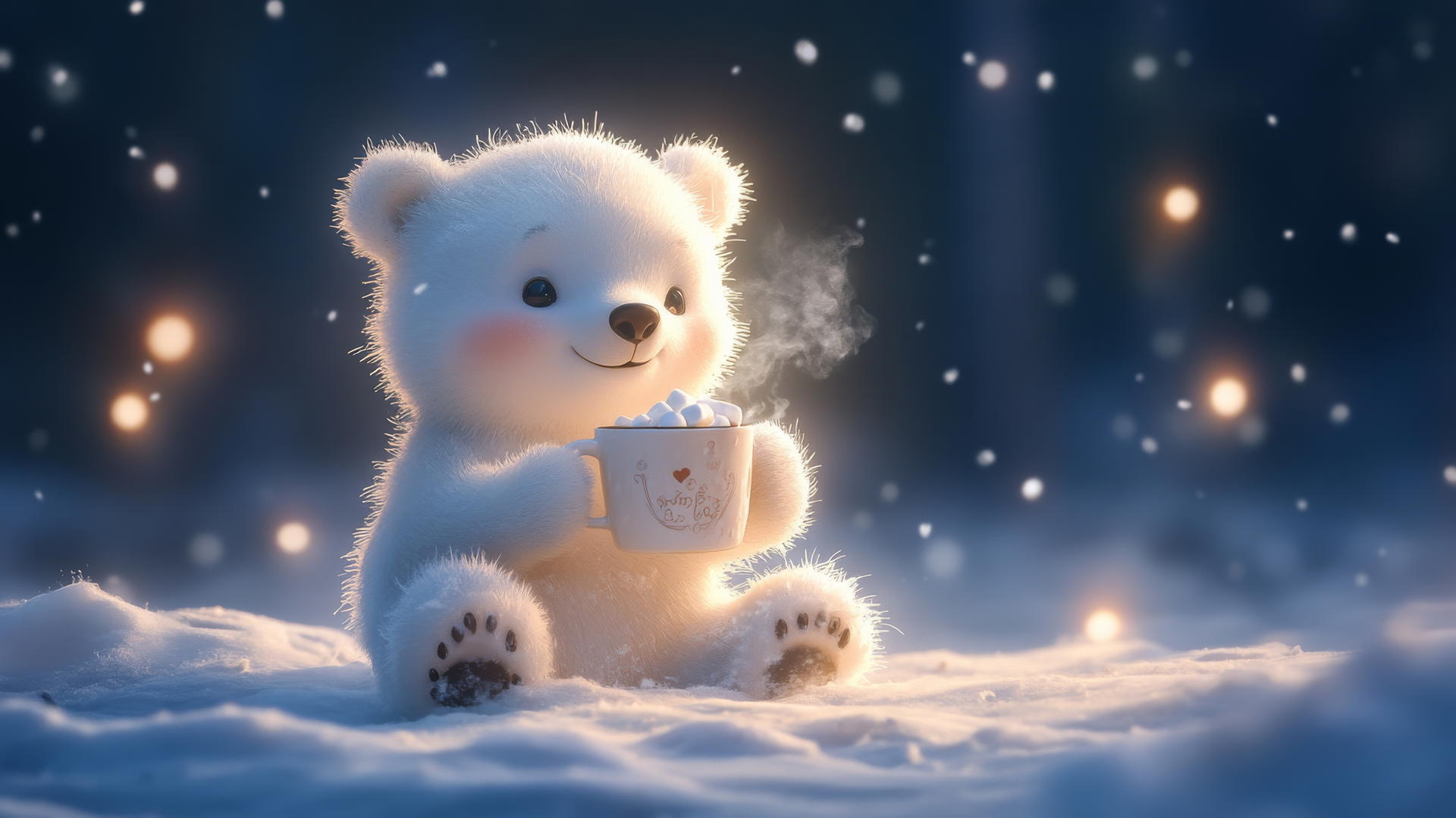 cute bear wallpaper of a chubby polar bear cub holding hot cocoa in the snow