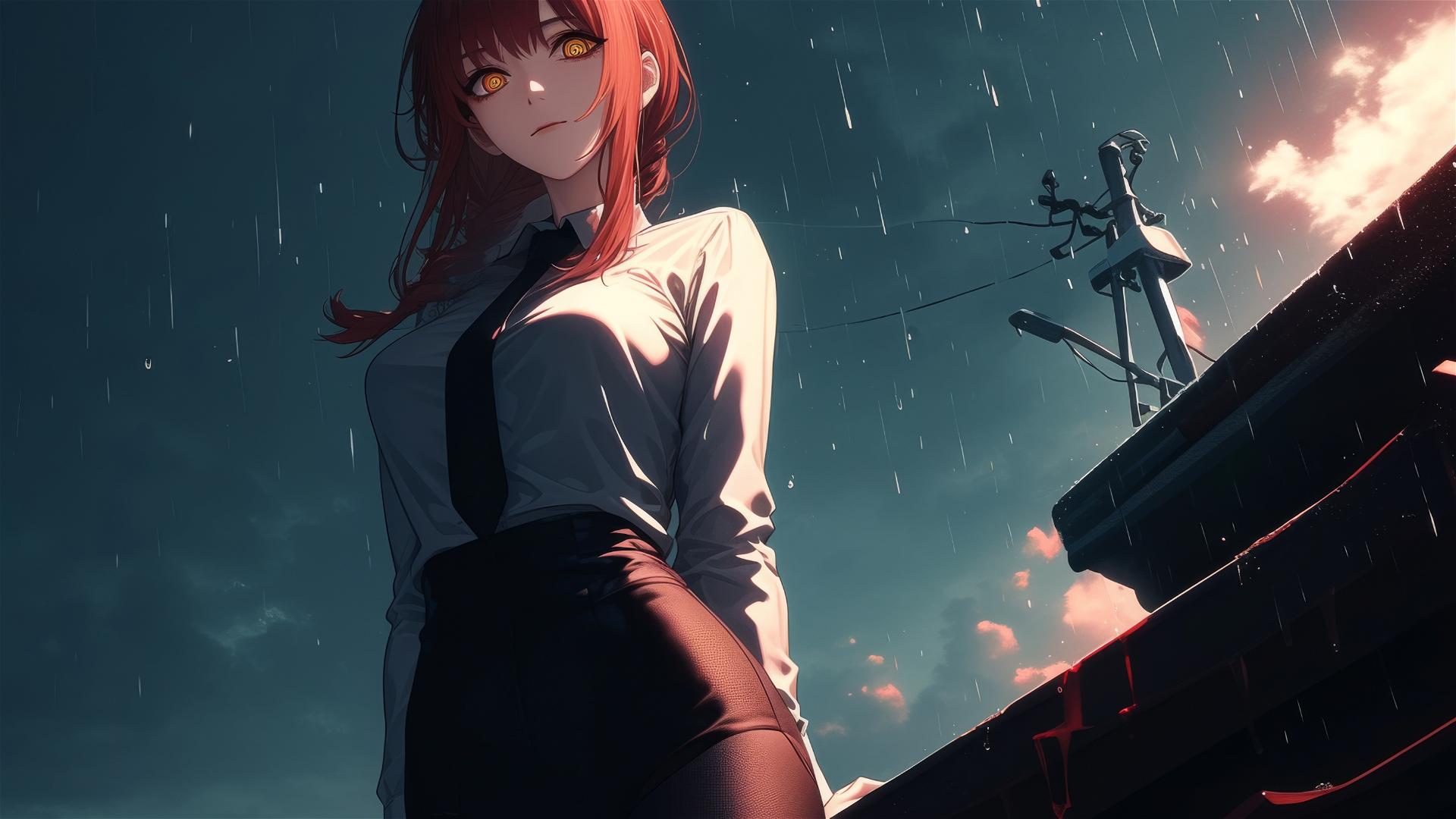 Makima, from Chainsaw Man, on roof in rain with moonlight, red hair, and heels, bunny girl style.