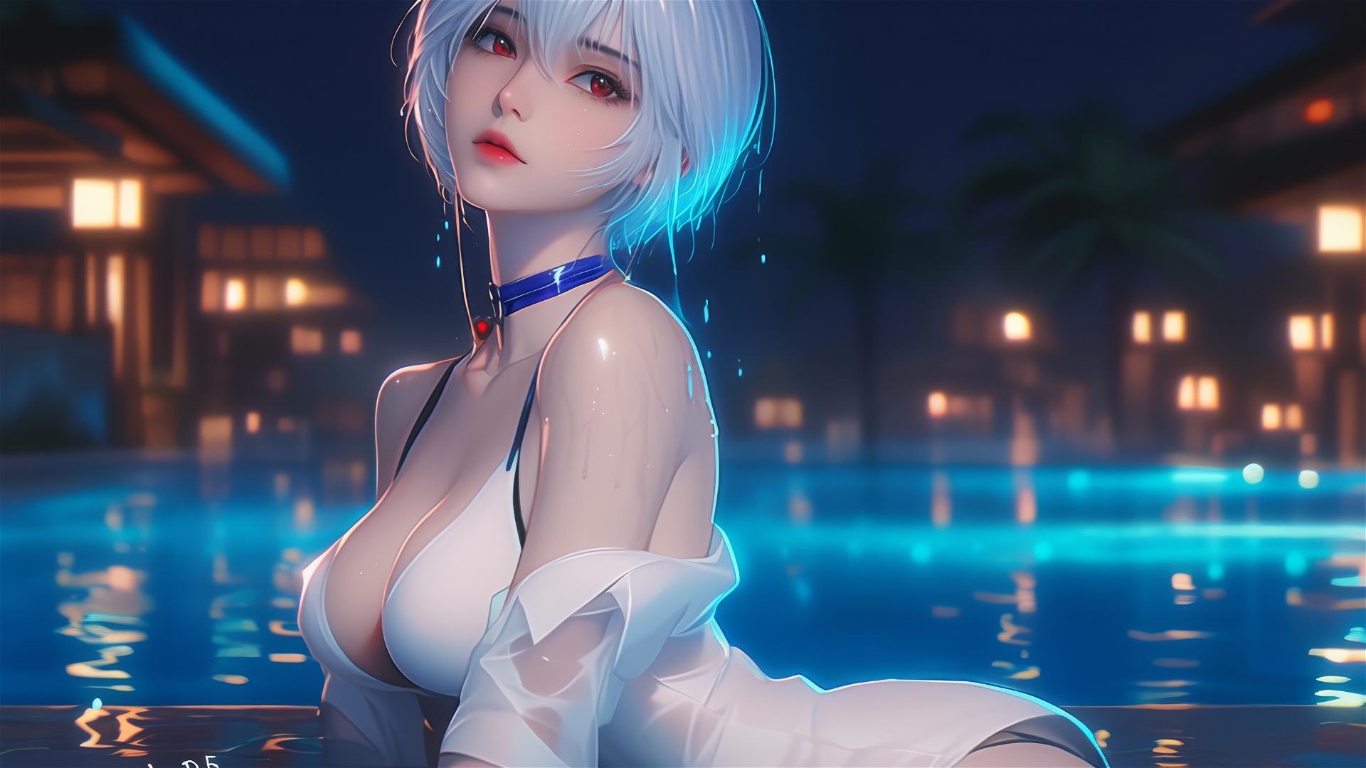 Rei Ayanami resting by a pool under moonlight, rain drizzling