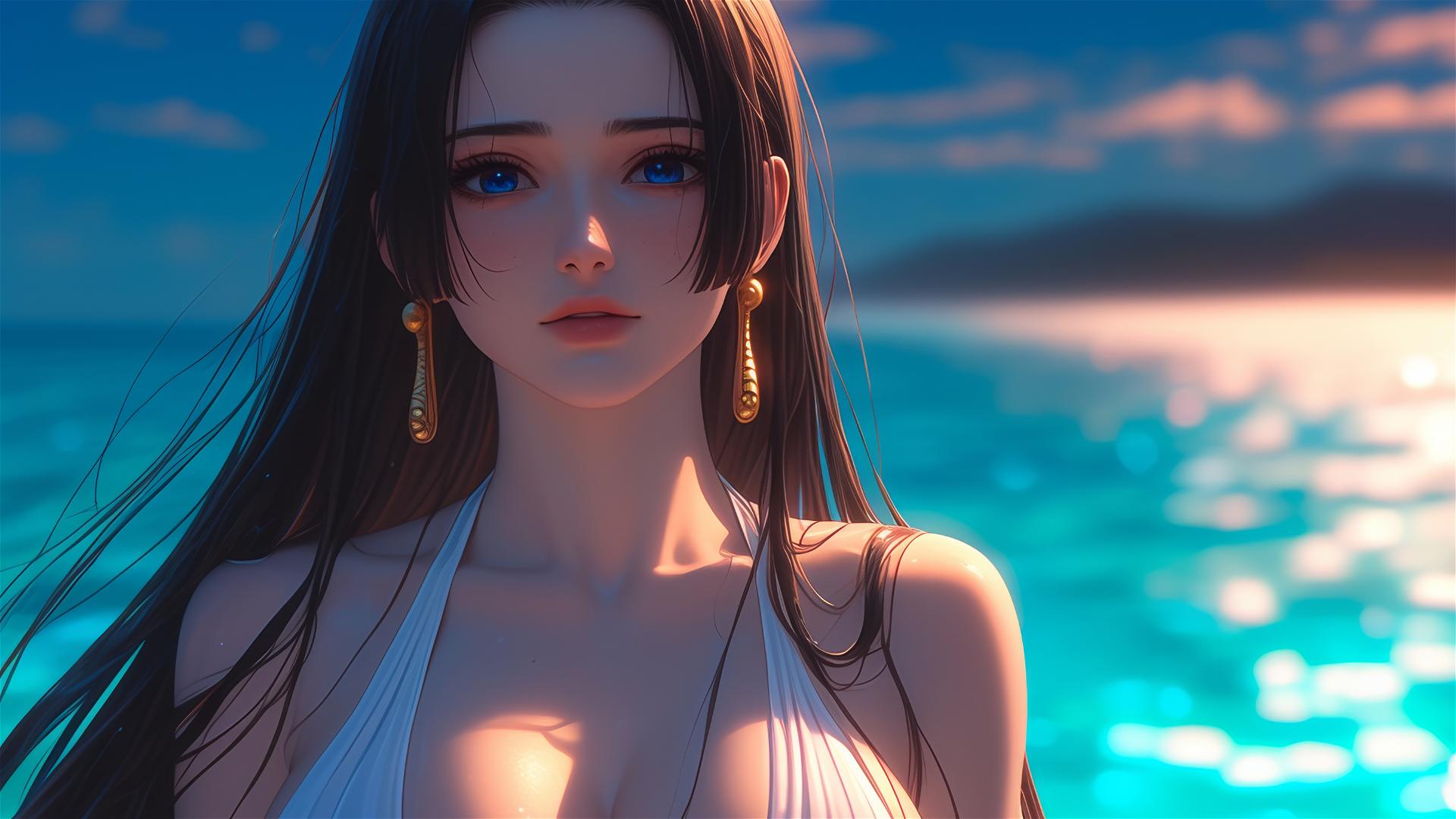 Anime character Boa Hancock from One Piece standing on a sunny beach