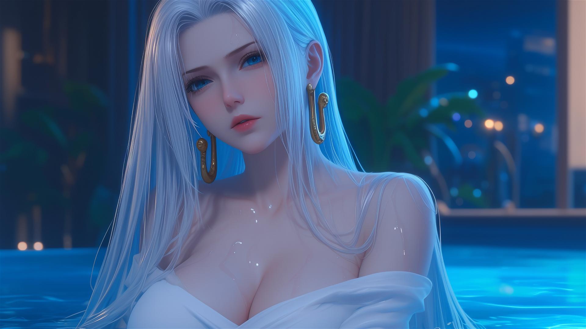 Boa Hancock from One Piece, resting in a tub with moonlight glow