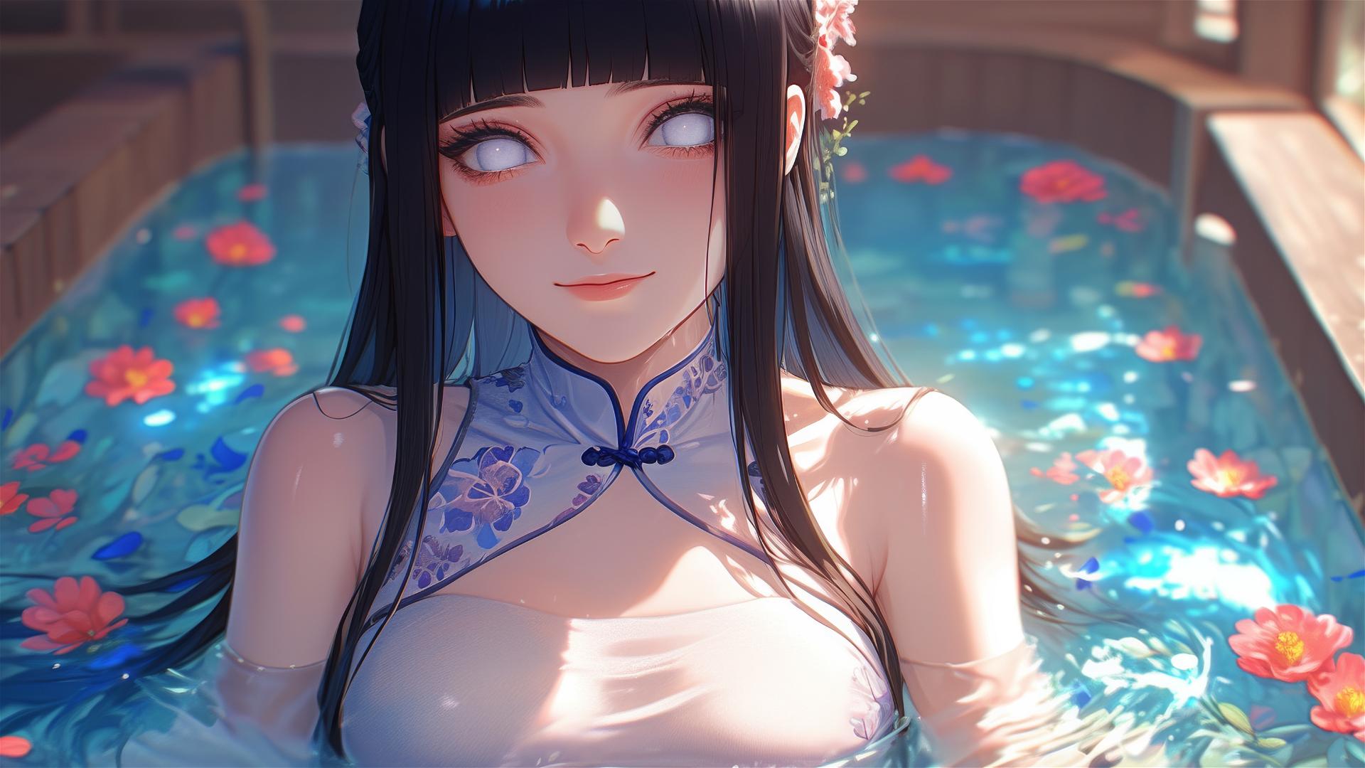Hinata Hyuga in a tub of flowers at a Chinese spa, with white eyes.