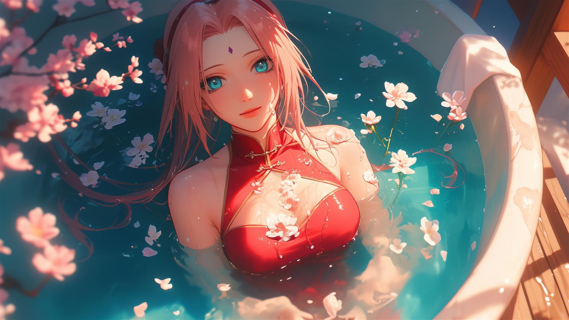 Sakura Haruno in a flower-filled tub at a Chinese spa
