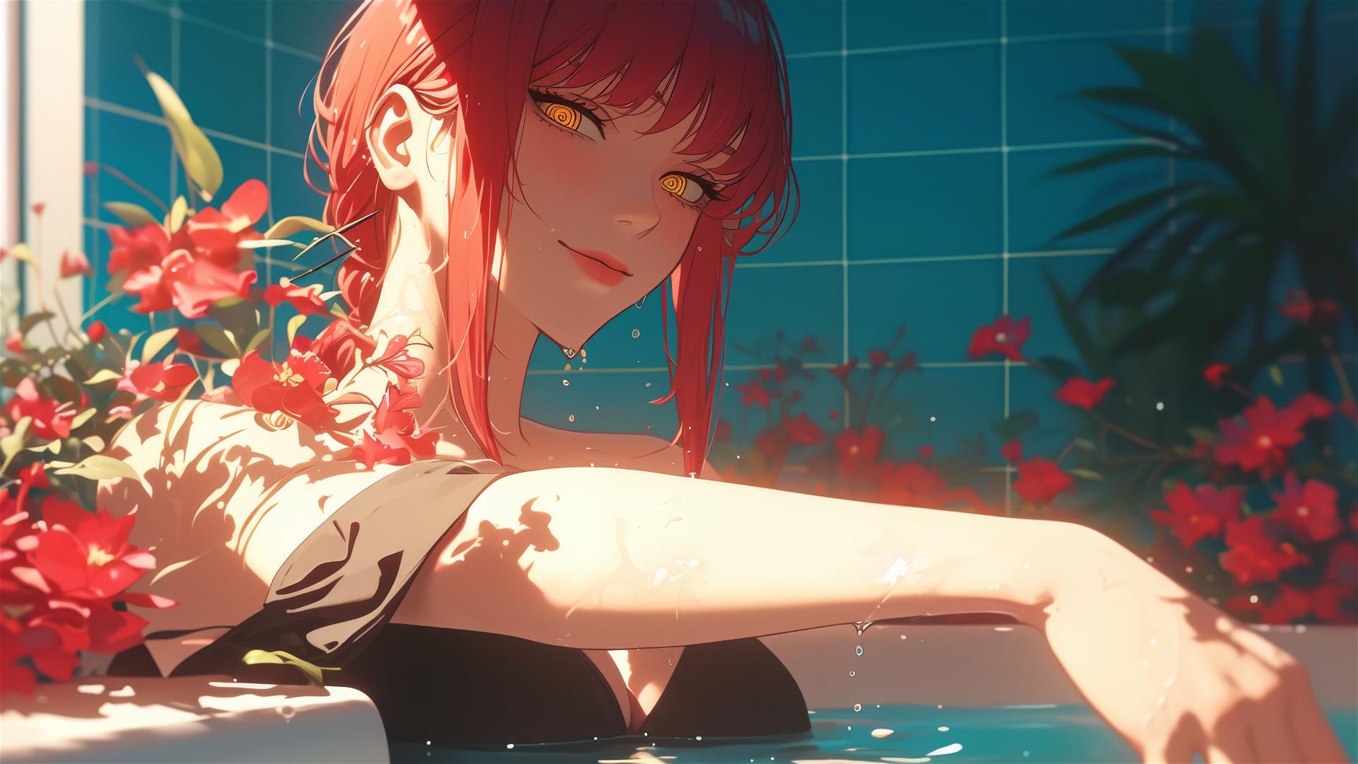 Makima from Chainsaw Man in a flower-filled tub at a Chinese spa