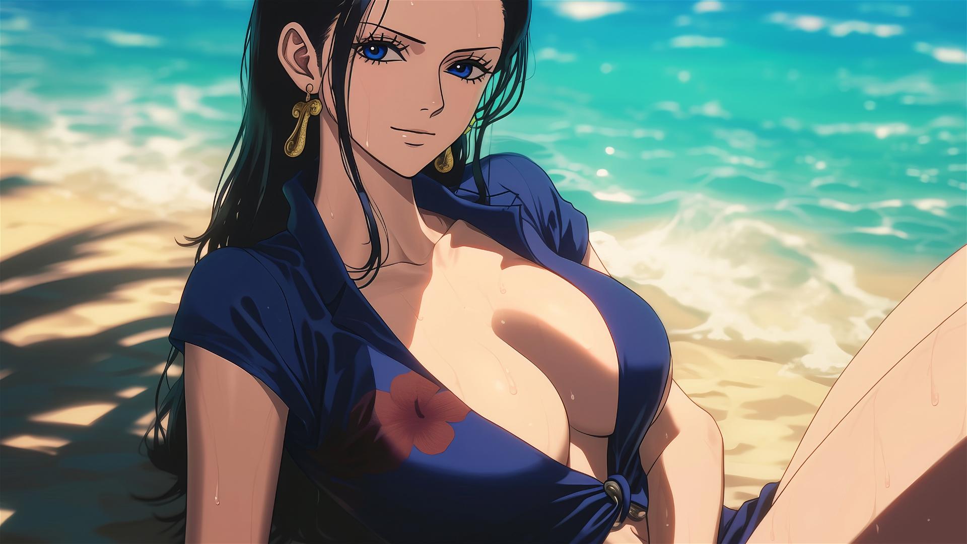 Nico Robin from One Piece resting at sunny beach under warm light