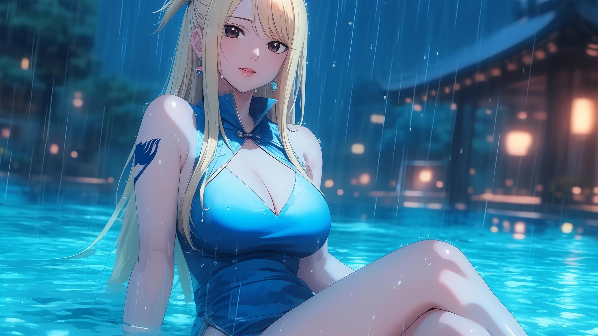 Lucy Heartfilia resting at a rainy swimming pool under moonlight