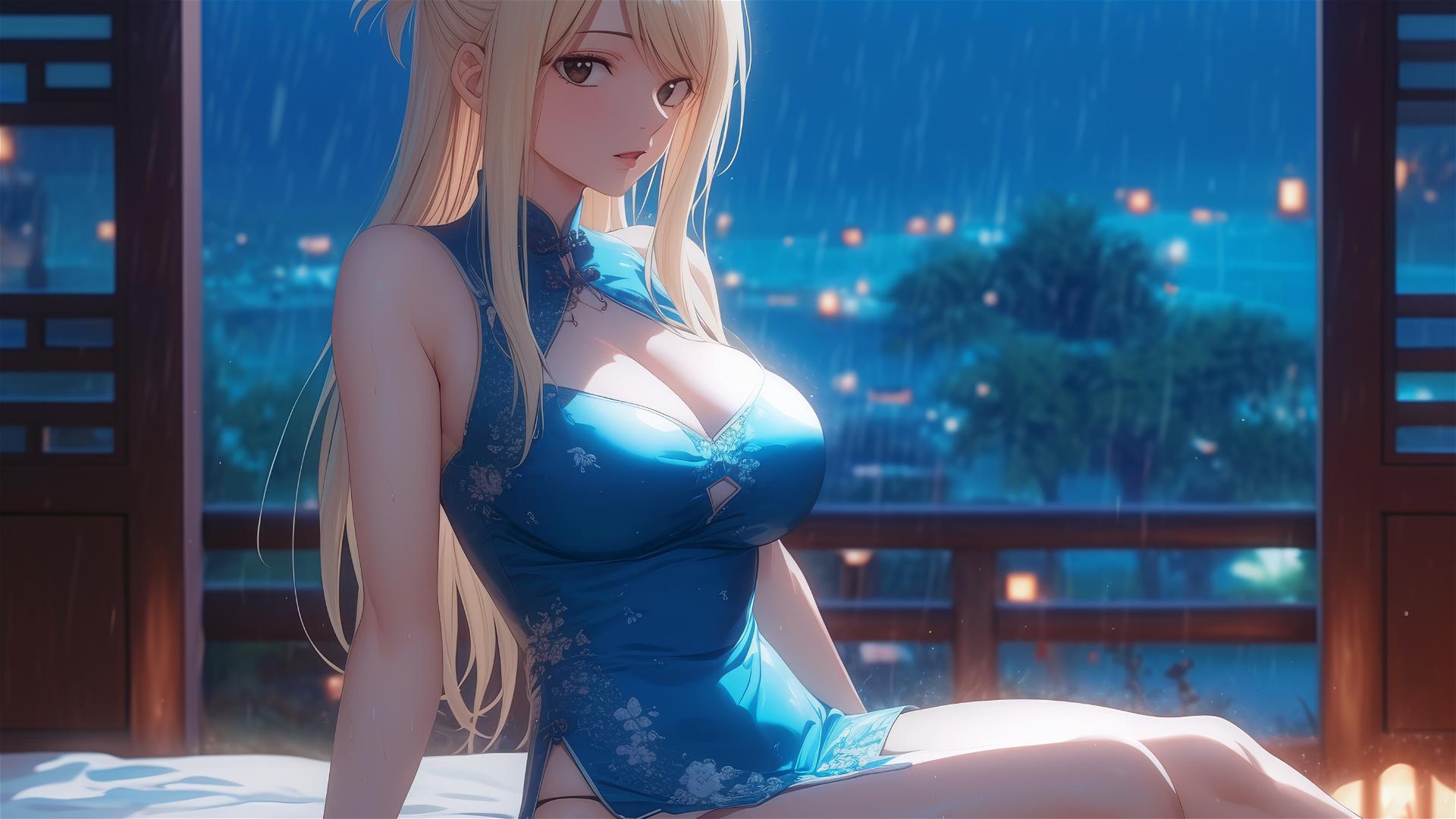 Lucy Heartfilia resting in apartment under moonlight
